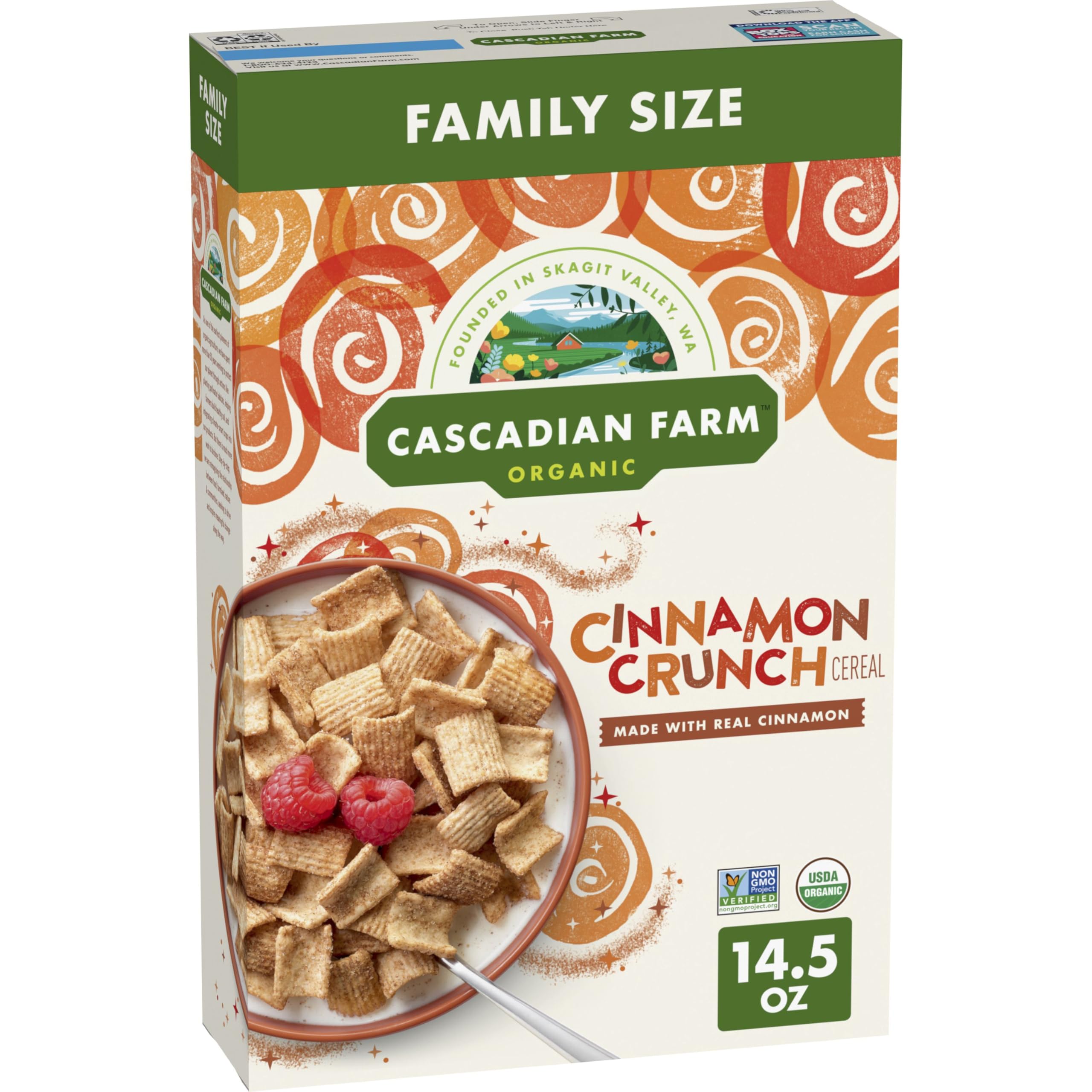 Cascadian Farm Cinnamon Crunch cereal in a bowl with milk, ideal for breakfast