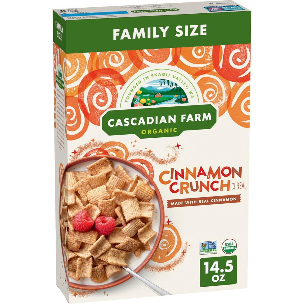 Cascadian Farm Cinnamon Crunch cereal in a bowl with milk, ideal for breakfast