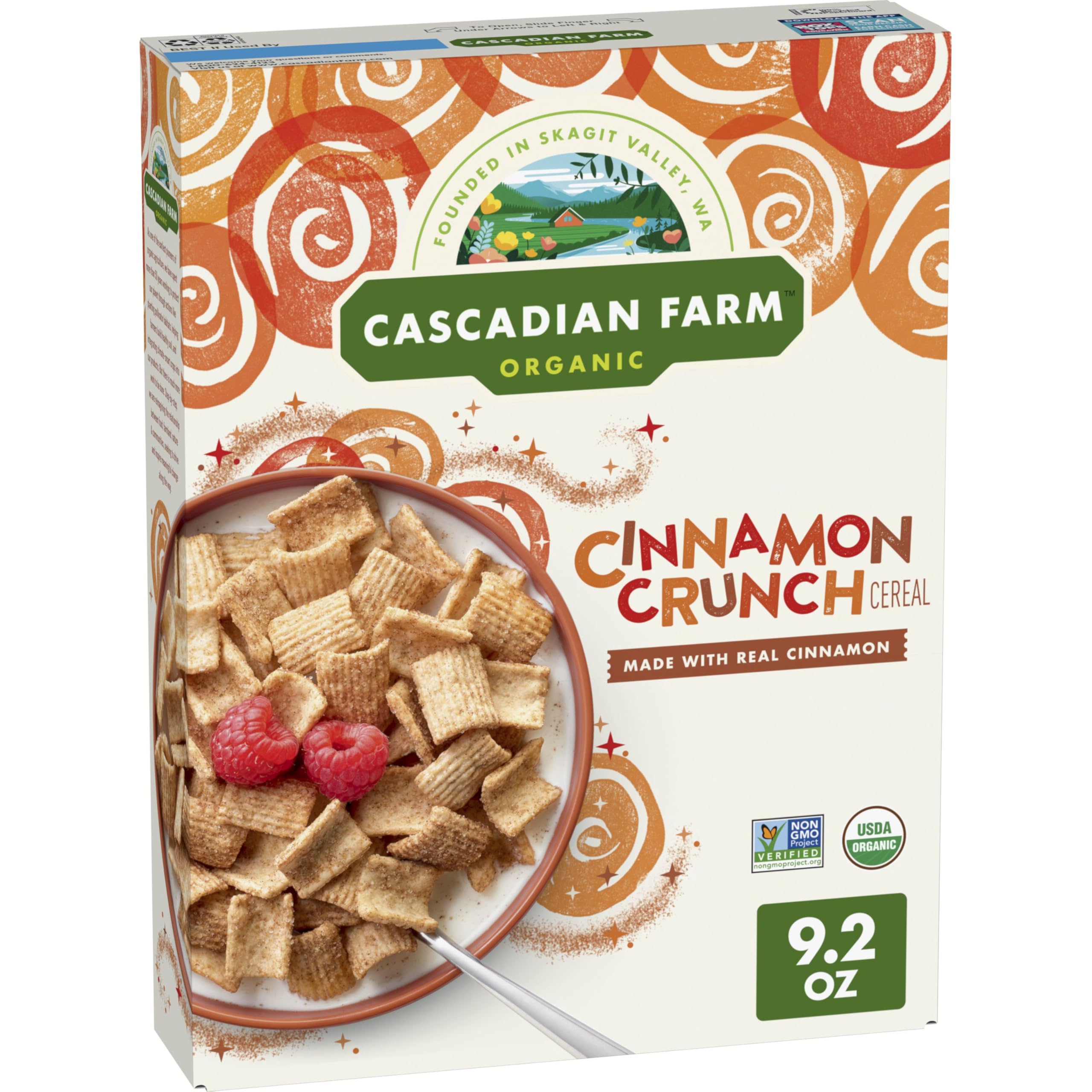 Cascadian Farm Cinnamon Crunch cereal box for a wholesome organic breakfast