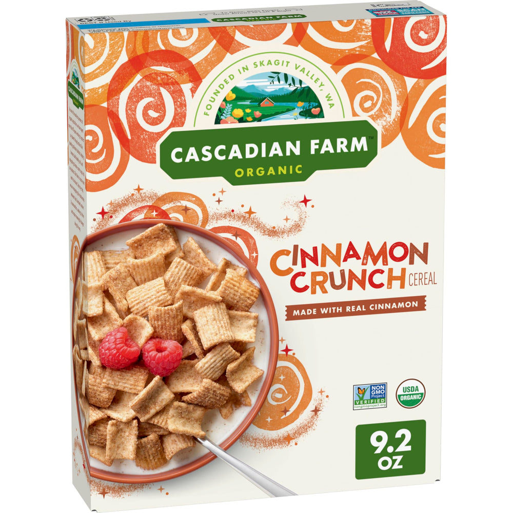 Cascadian Farm Cinnamon Crunch cereal box for a wholesome organic breakfast