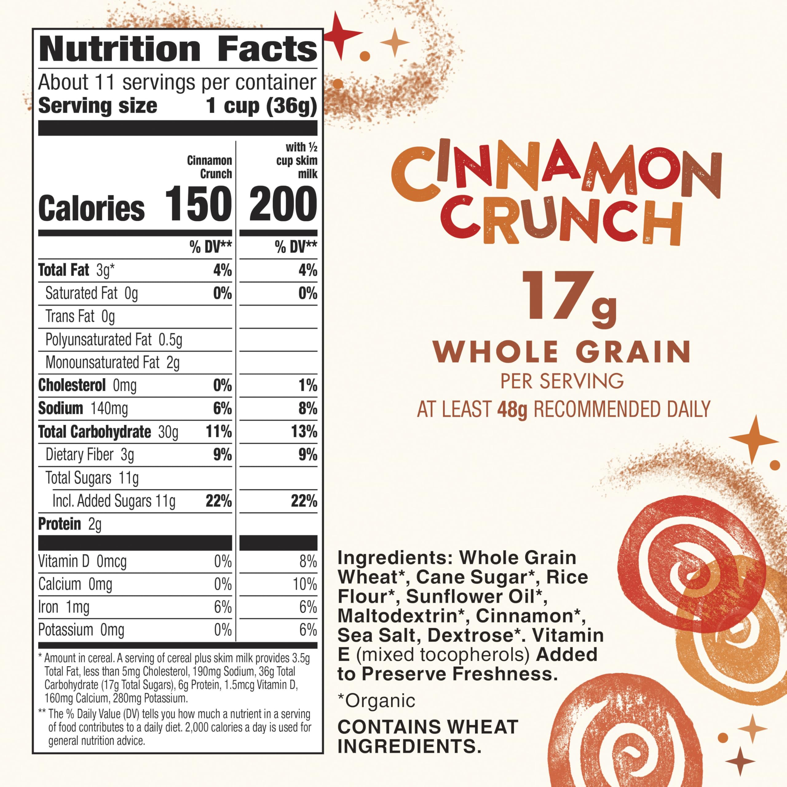 Close-up of Cascadian Farm Cinnamon Crunch cereal squares highlighting real cinnamon