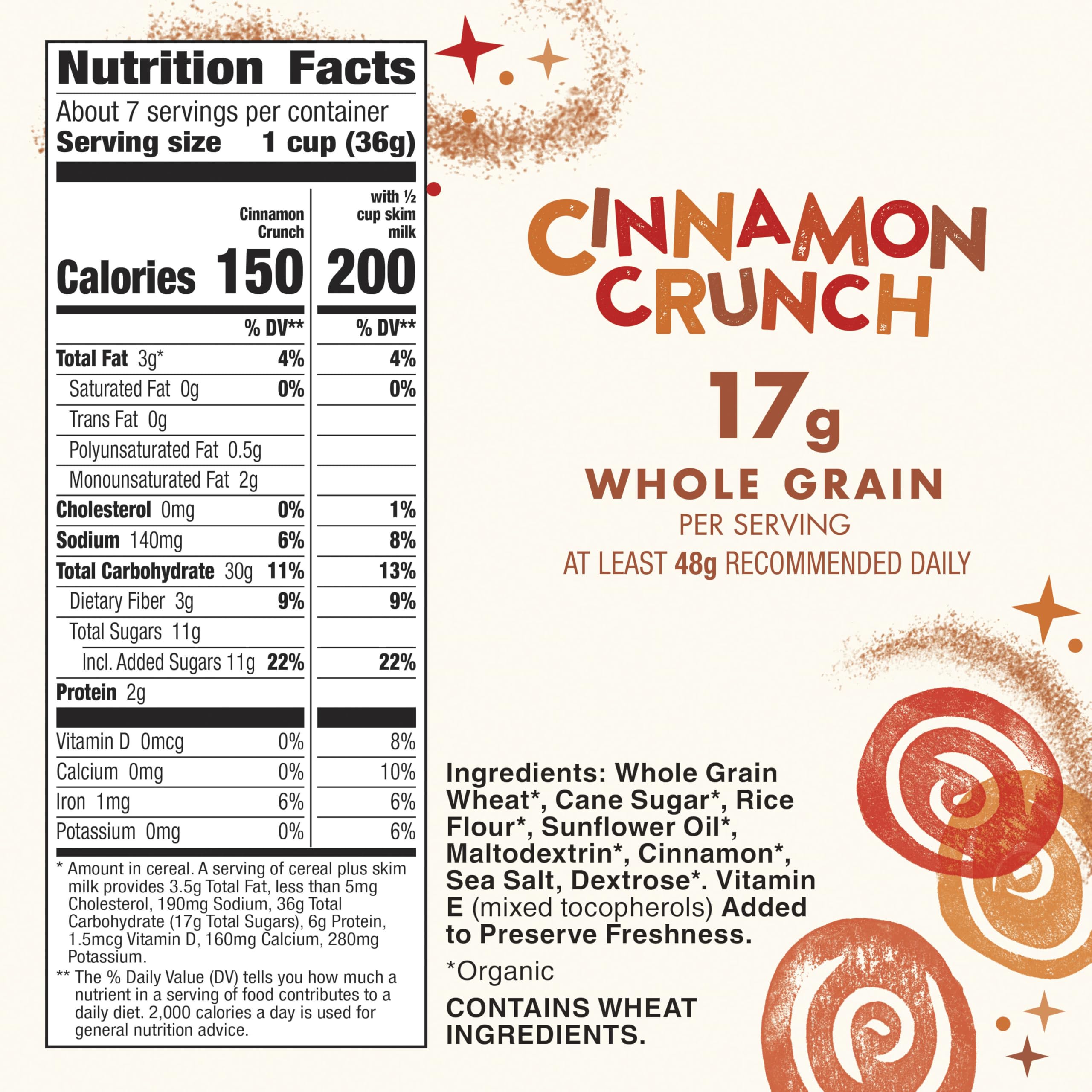 Cascadian Farm Cinnamon Crunch cereal being poured with milk for a crunchy start