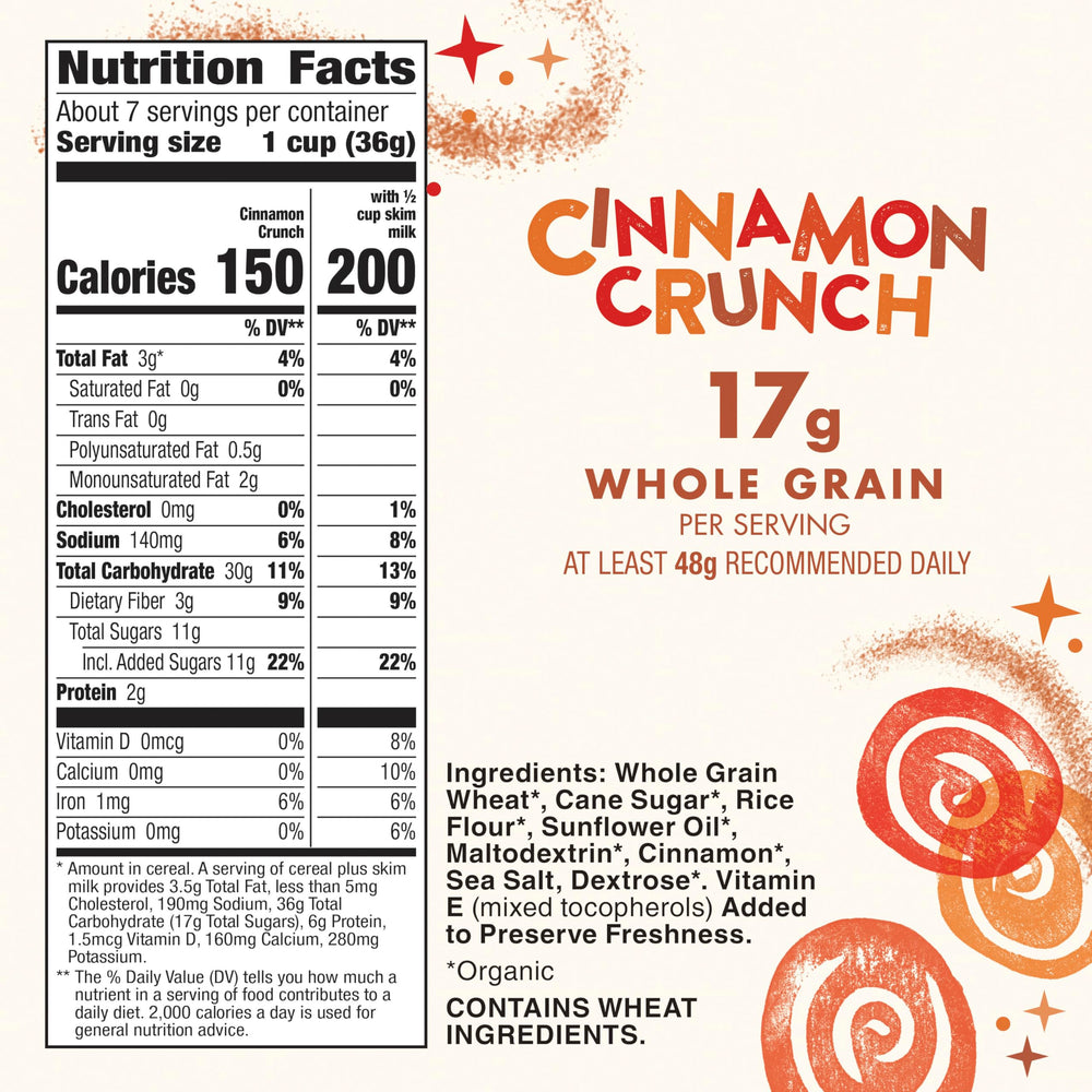 Cascadian Farm Cinnamon Crunch cereal being poured with milk for a crunchy start