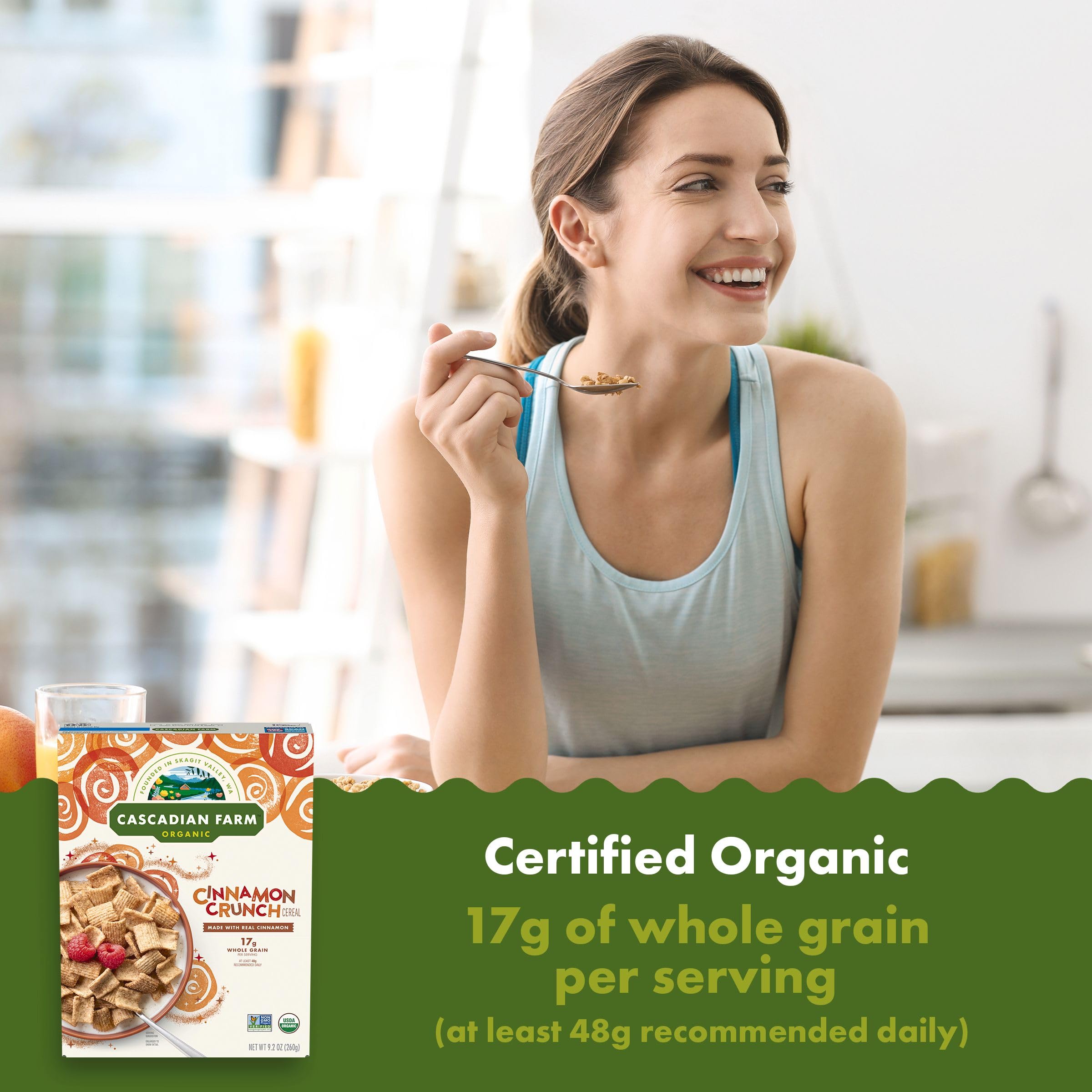 Cascadian Farm Cinnamon Crunch ingredients display highlighting organic grains and cinnamon