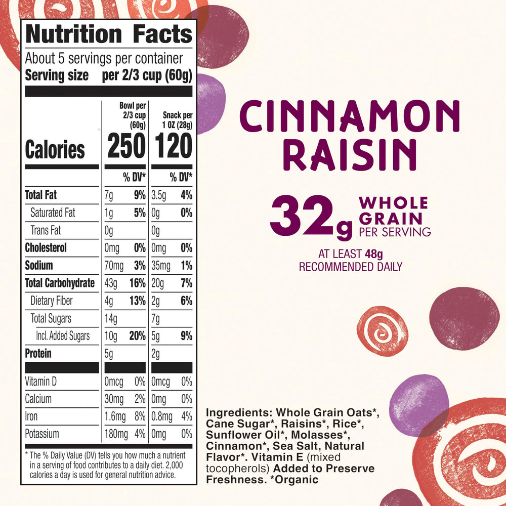 Cascadian Farm Cinnamon Raisin Granola served in a bowl with milk