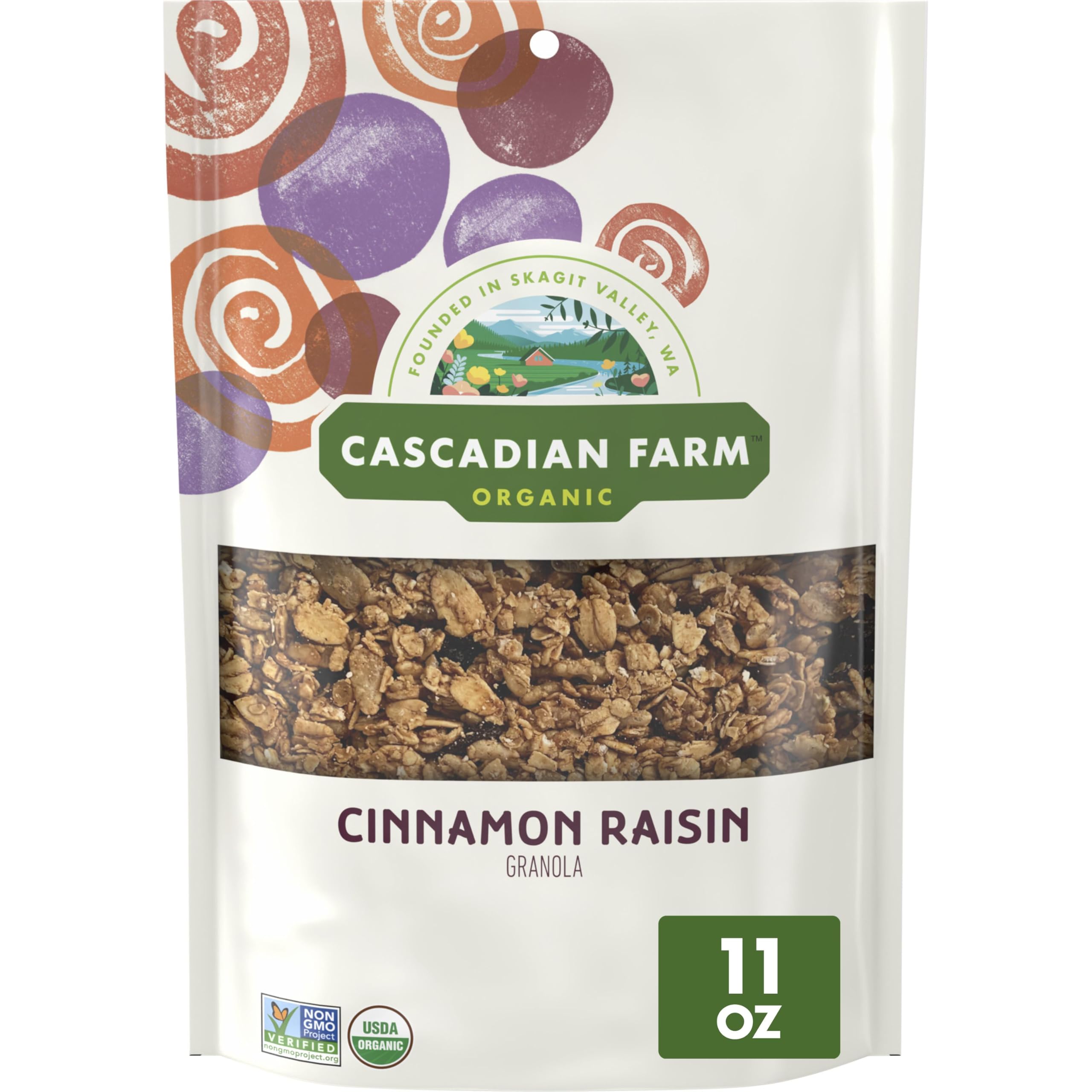 Cascadian Farm Cinnamon Raisin Granola pack shot showcasing resealable pouch and branding