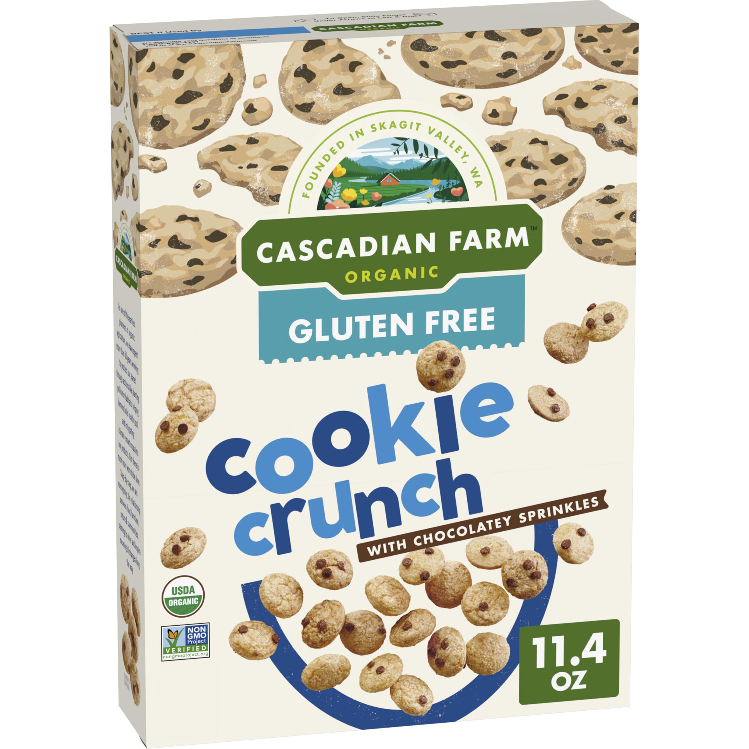 Cascadian Farm Cookie Crunch Cereal box front highlights gluten-free organic goodness.