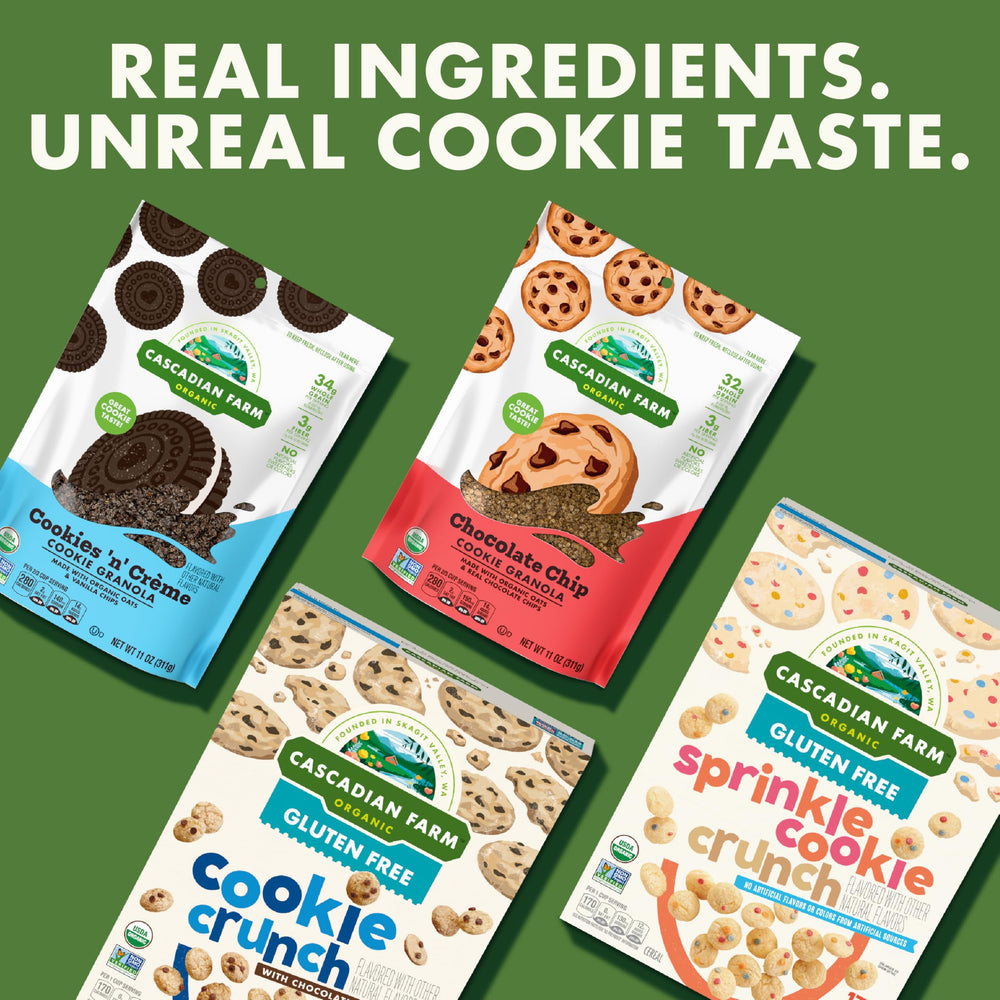 Ingredients panel closeup on Cascadian Farm Cookie Crunch cereal packaging.