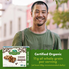 Close-up shows dark chocolate chips in Cascadian Farm bars.