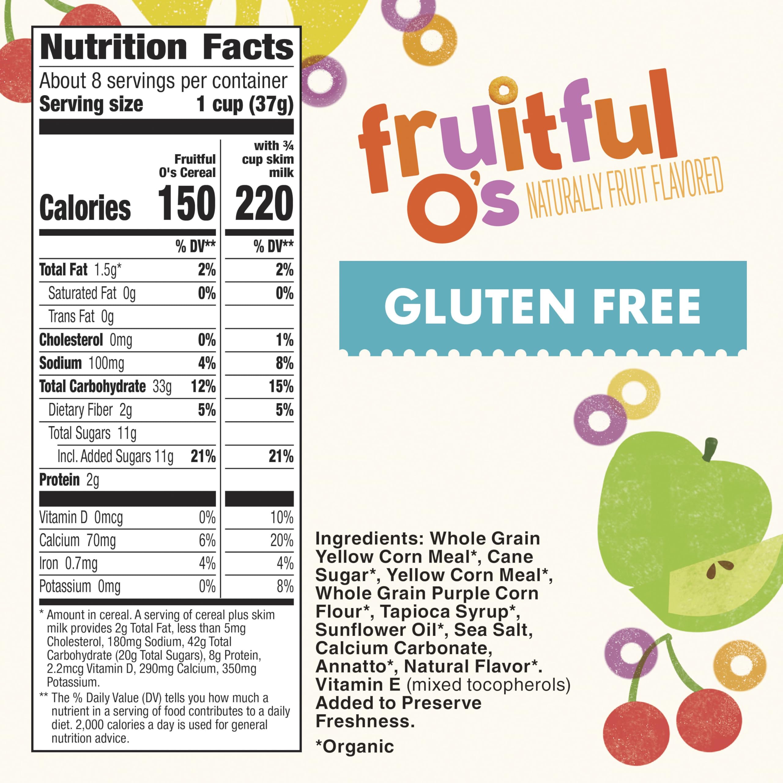 Cascadian Farm Fruitful O's cereal box front showing organic gluten-free goodness
