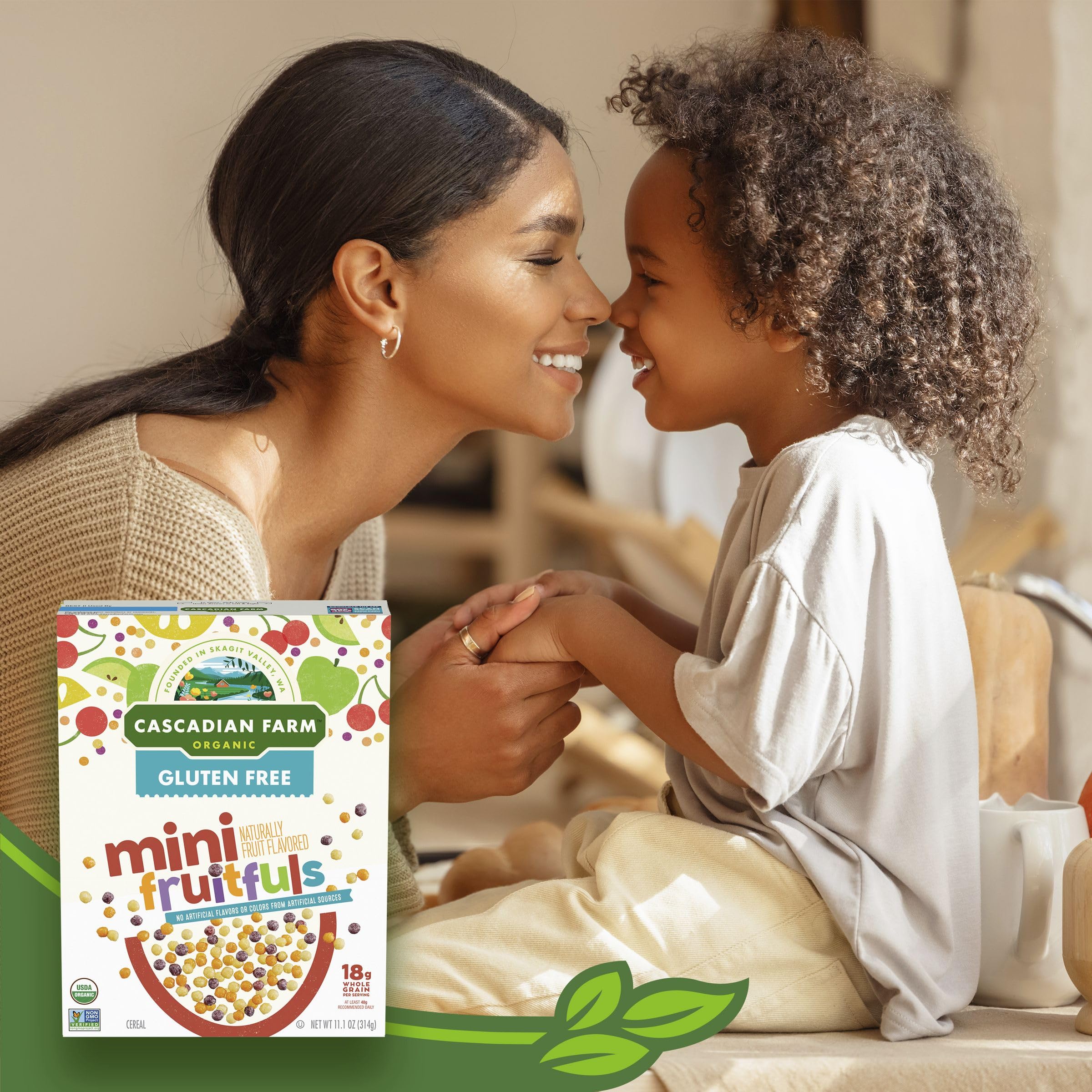 Gluten-free banner displayed on Cascadian Farm Mini Fruitfuls packaging