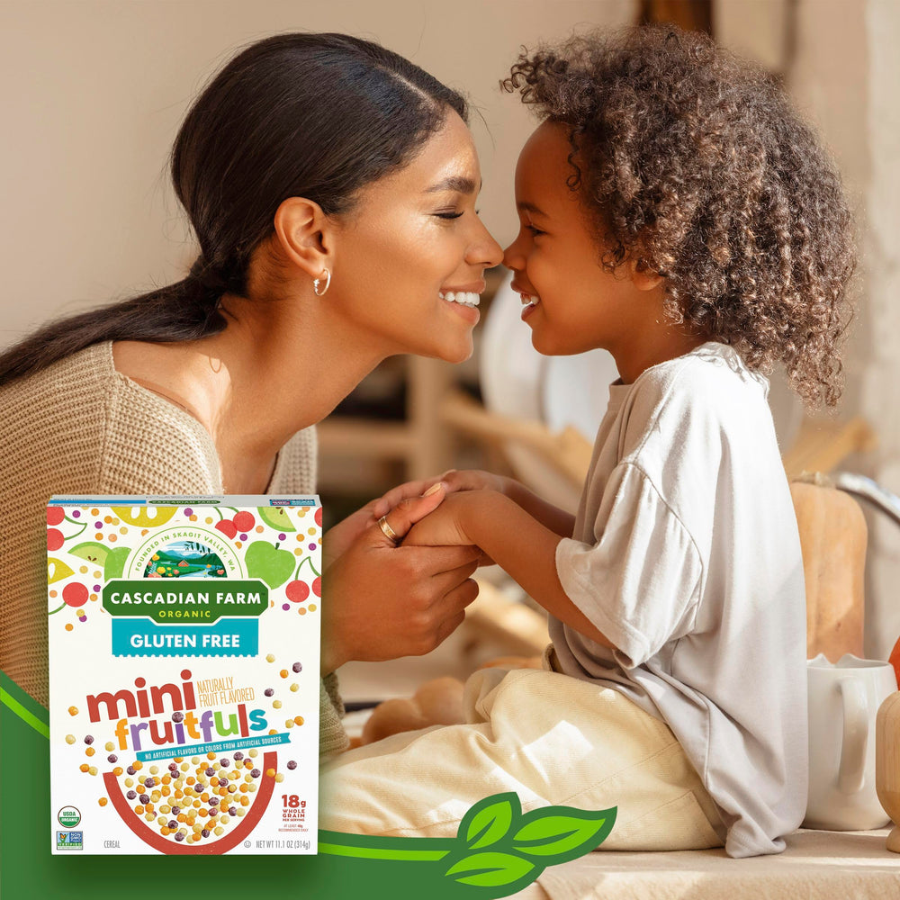 Gluten-free banner displayed on Cascadian Farm Mini Fruitfuls packaging