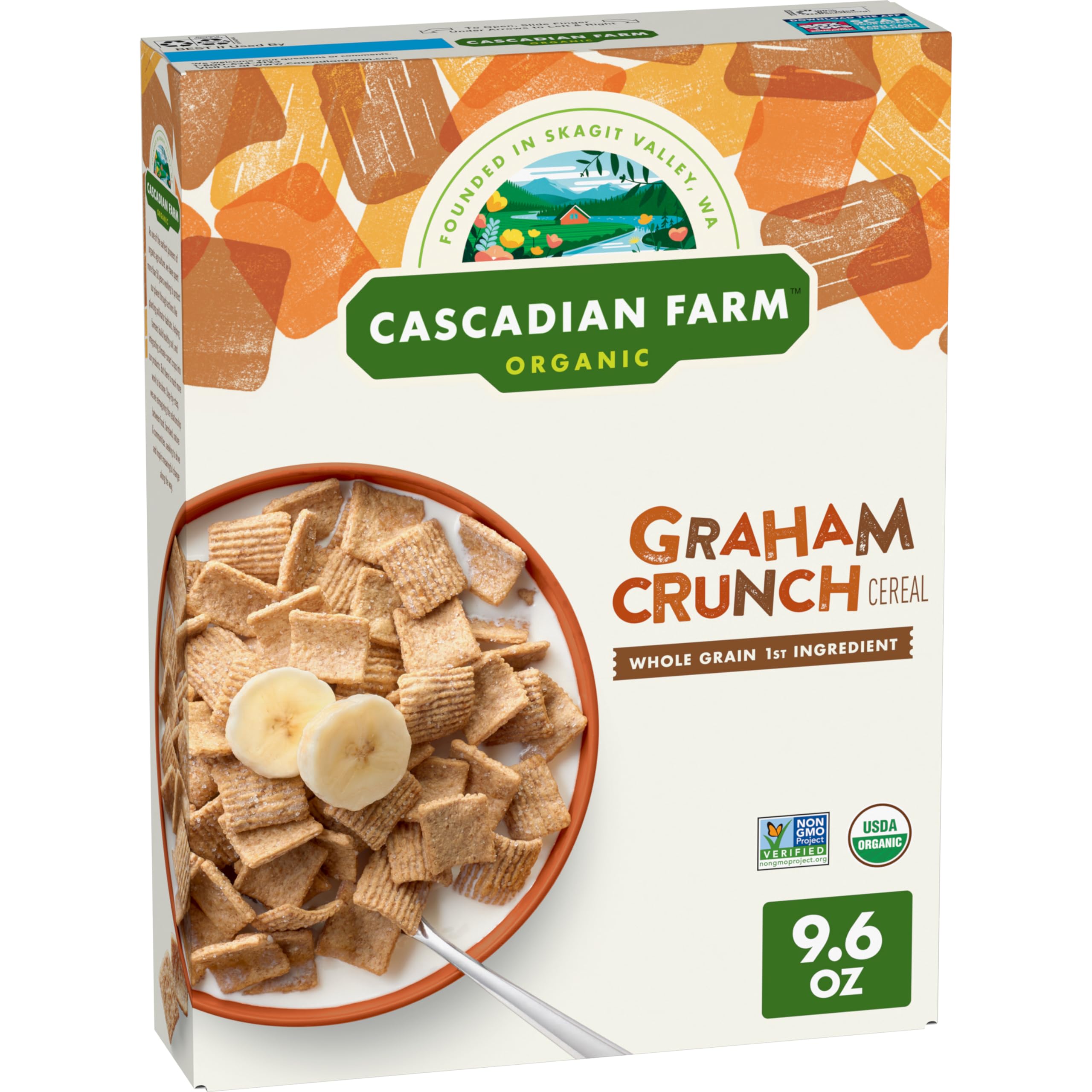 Cascadian Farm Graham Crunch Cereal box front highlighting organic, whole grain breakfast option.