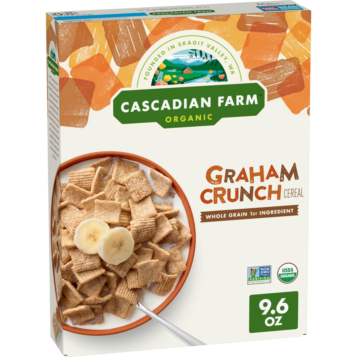 Cascadian Farm Graham Crunch Cereal box front highlighting organic, whole grain breakfast option.