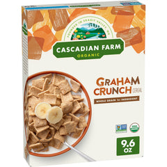 Cascadian Farm Graham Crunch Cereal box front highlighting organic, whole grain breakfast option.