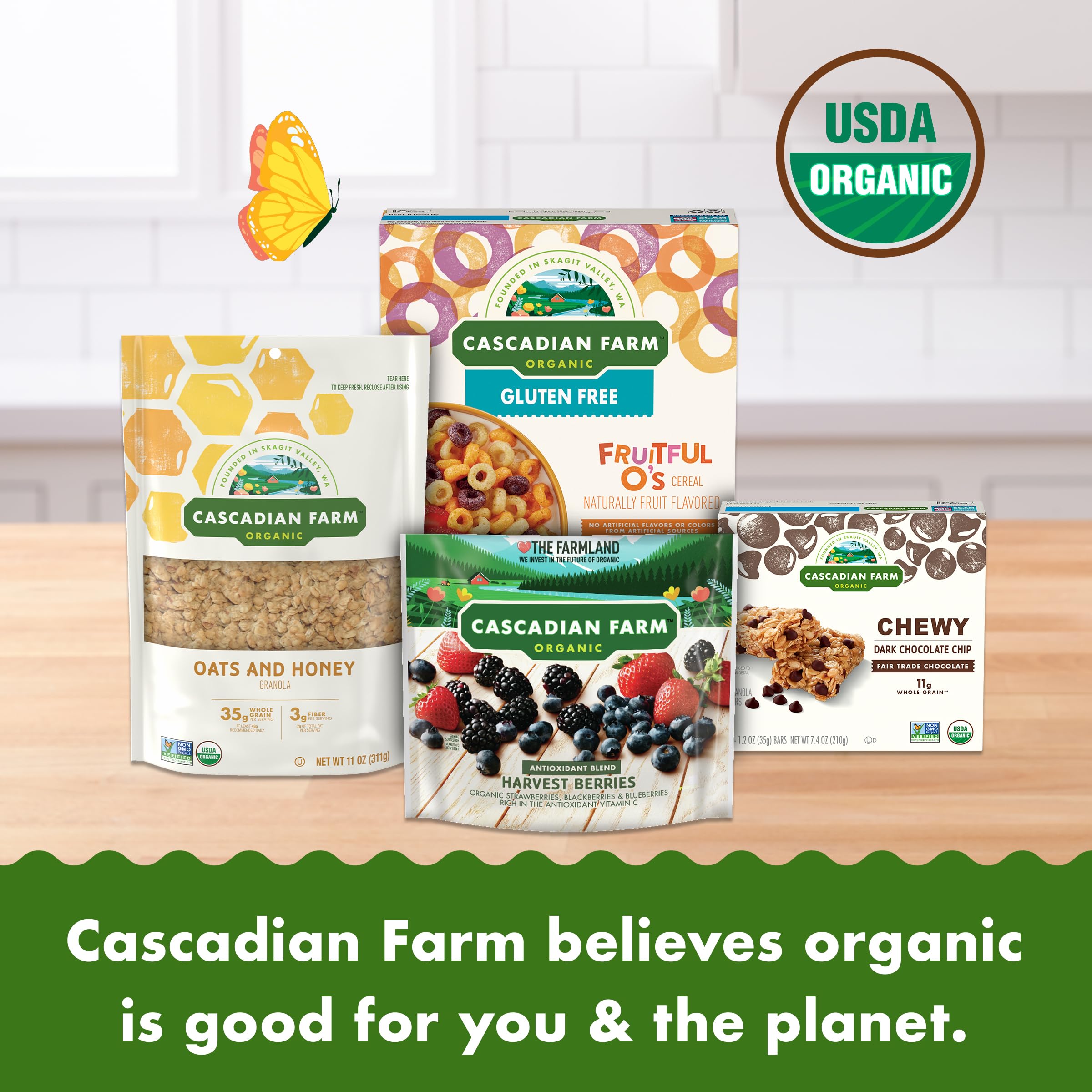 Trail-ready Cascadian Farm granola bars accompany hiking adventures.