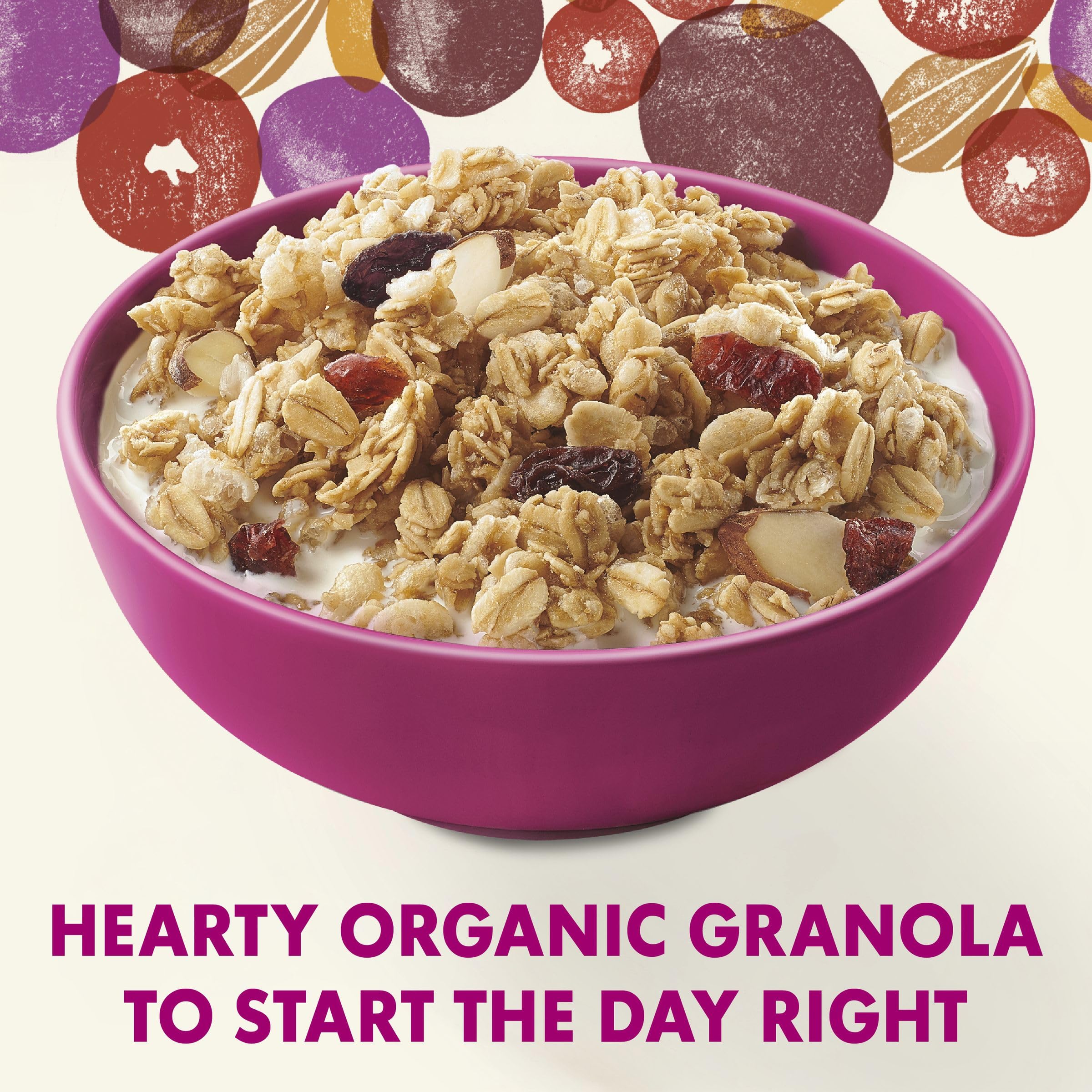 Close-up of Cascadian Farm granola with raisins, almonds, and cranberries.
