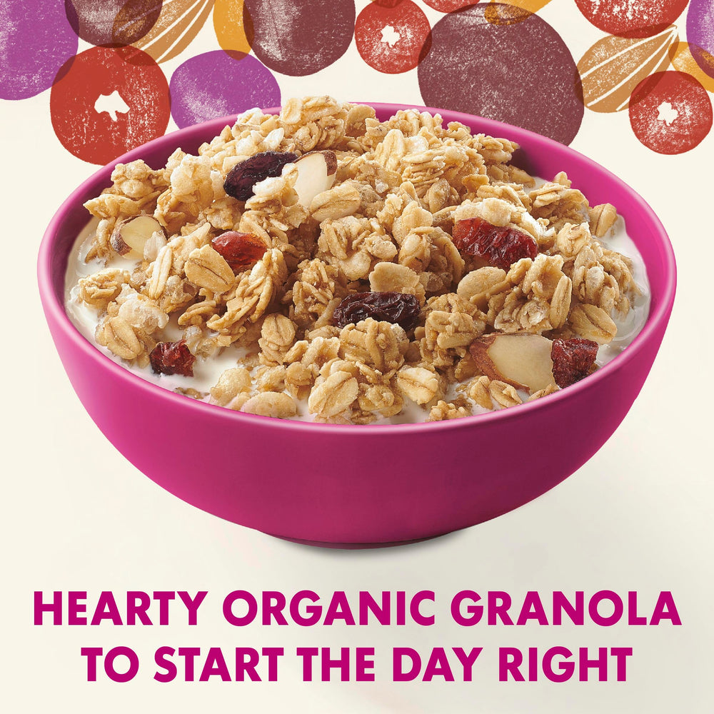 Close-up of Cascadian Farm granola with raisins, almonds, and cranberries.