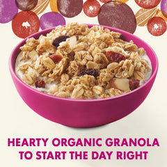 Close-up of Cascadian Farm granola with raisins, almonds, and cranberries.