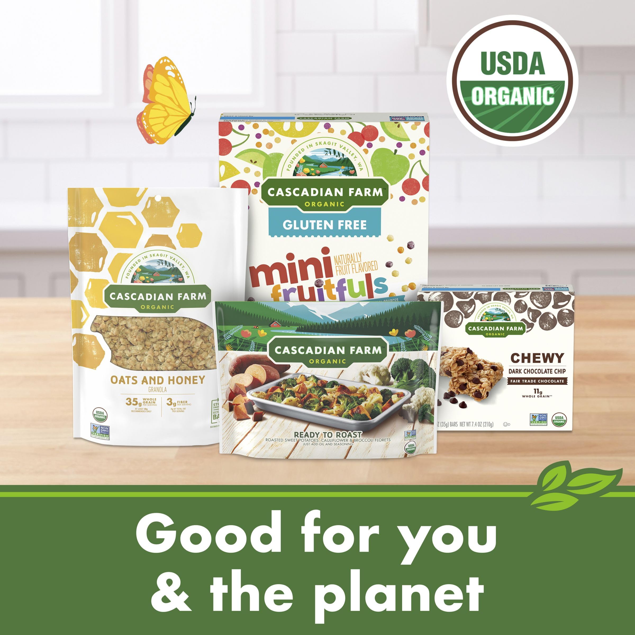 Pouch with label focus and a spoonful of granola beside fruit