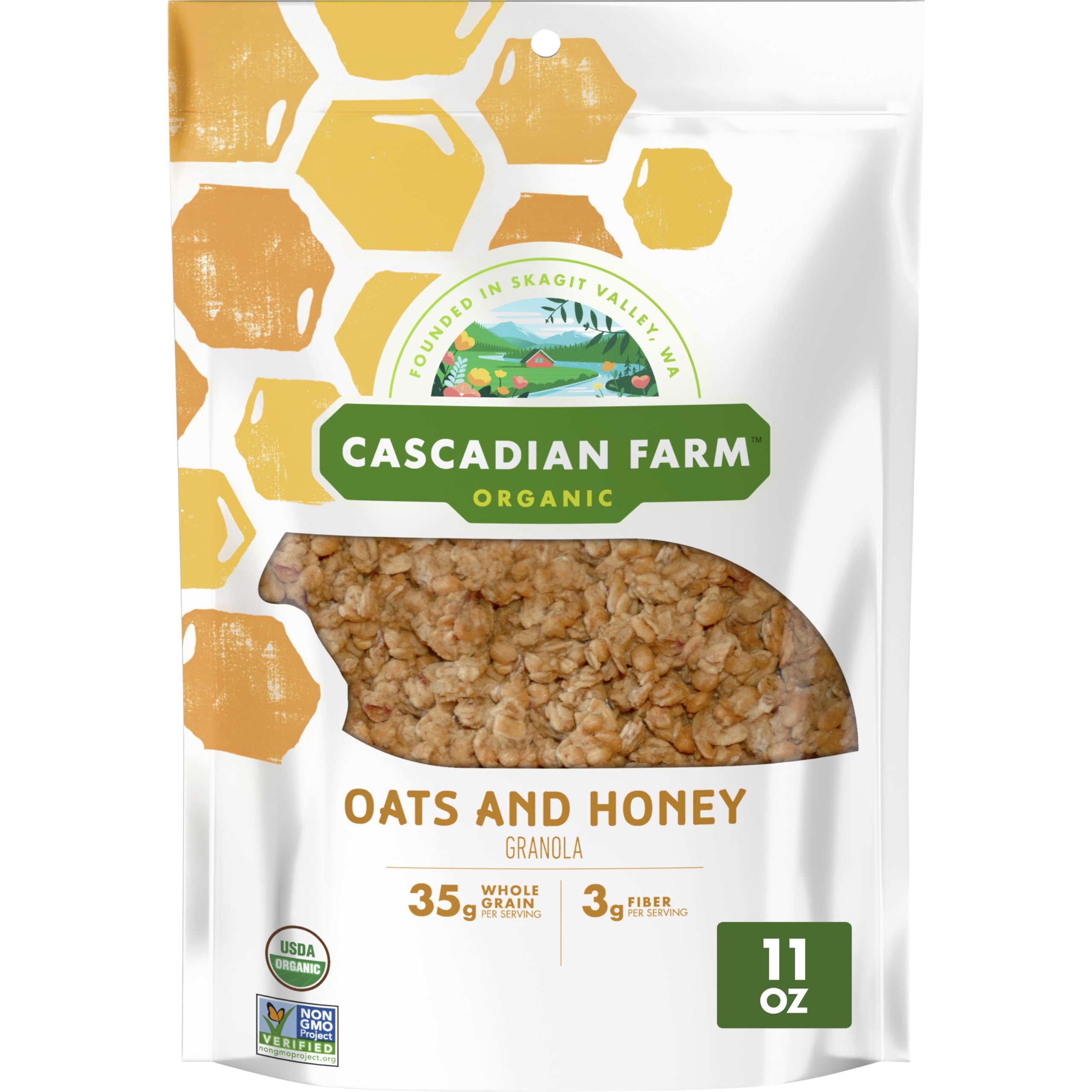 Cascadian Farm granola front label highlights organic oats and honey