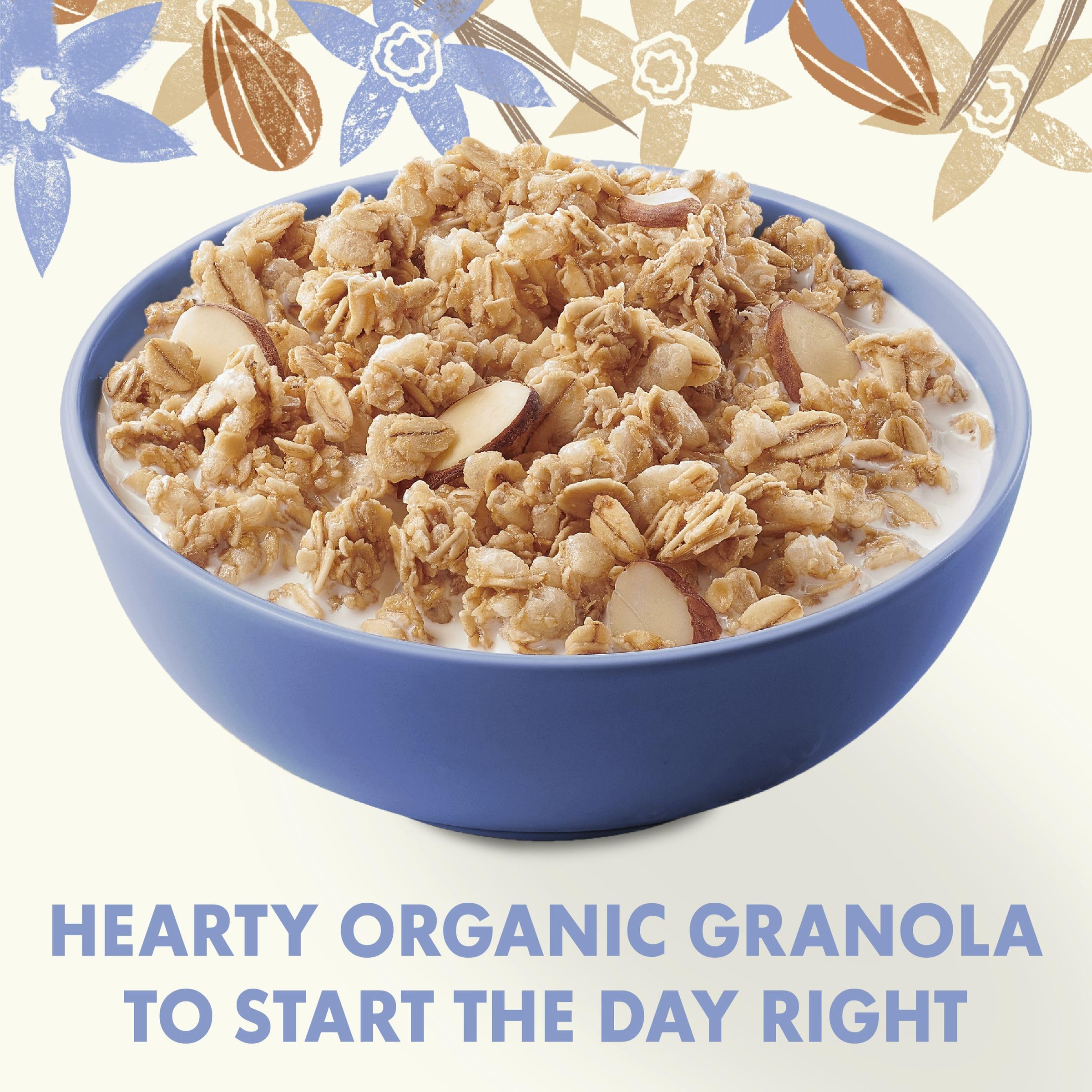 Pouring granola into a bowl shows crispy clusters and vanilla almond flavor.