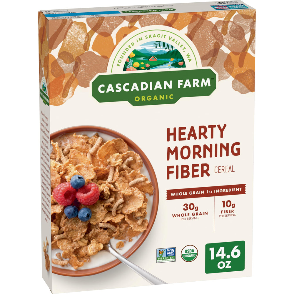 Cascadian Farm Hearty Morning Fiber cereal box shown for breakfast planning