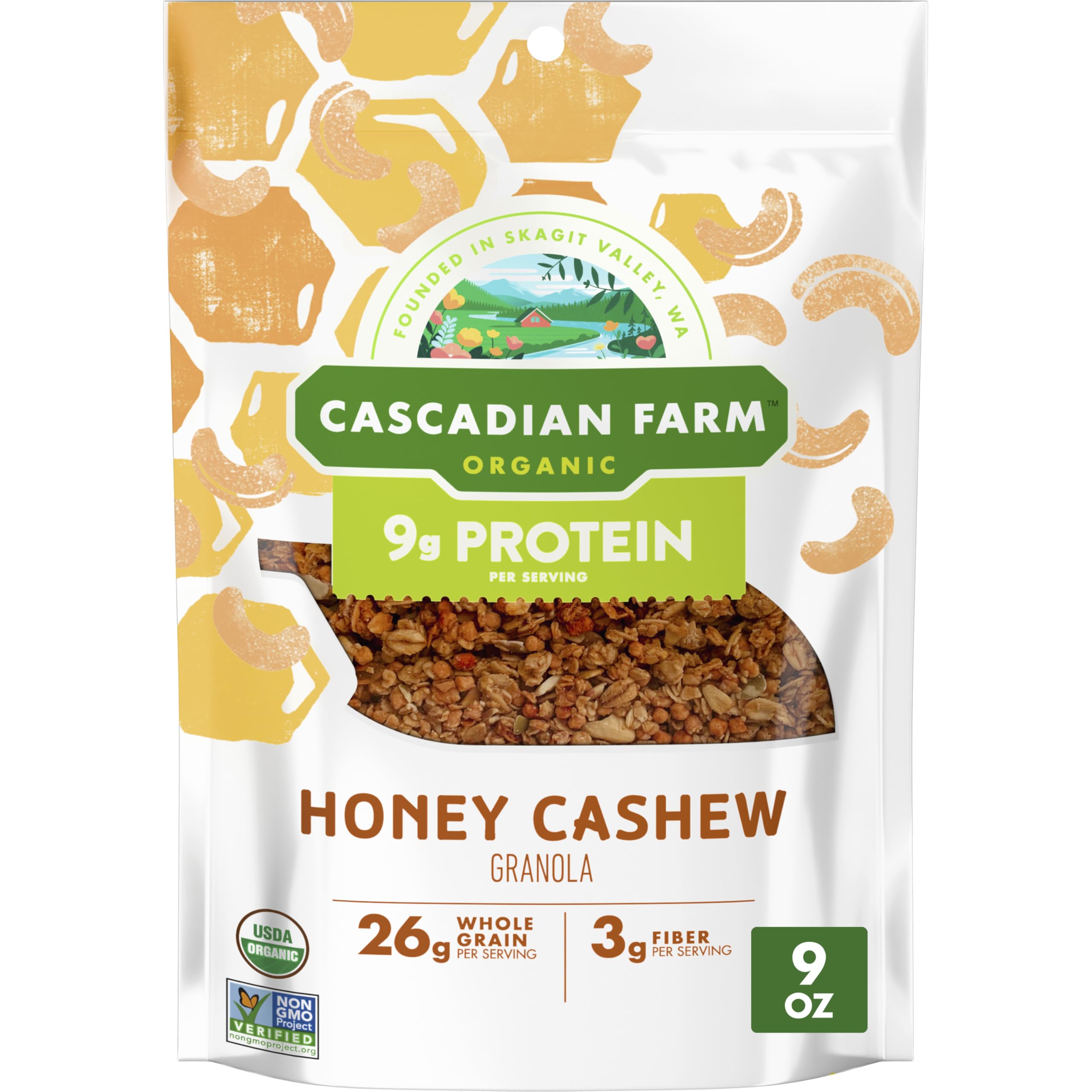 Cascadian Farm Honey Cashew Granola pouch for a crunchy breakfast start