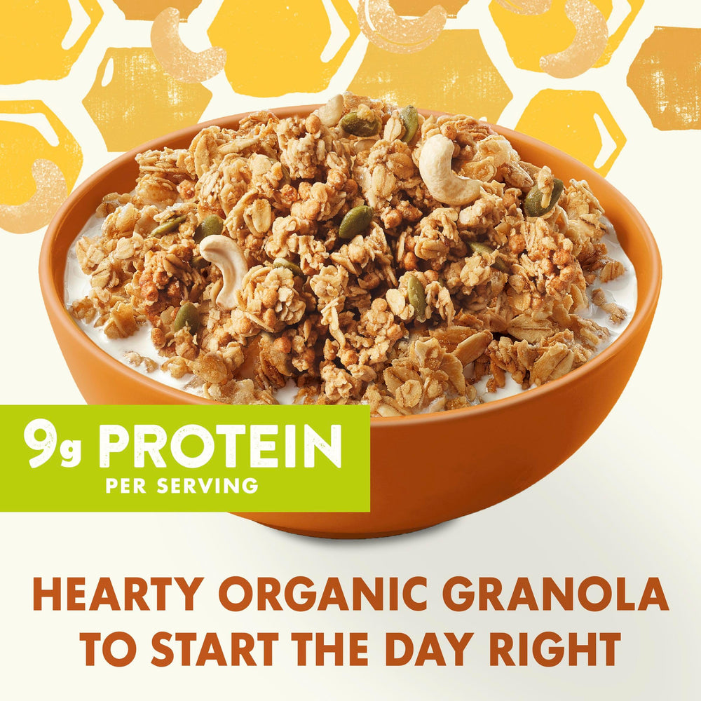 Cascadian Farm Honey Cashew Granola pouch close-up showing resealable freshness
