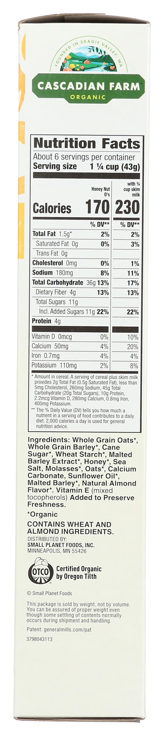 Cascadian Farm Honey Nut O's box front showing organic and Non-GMO credentials