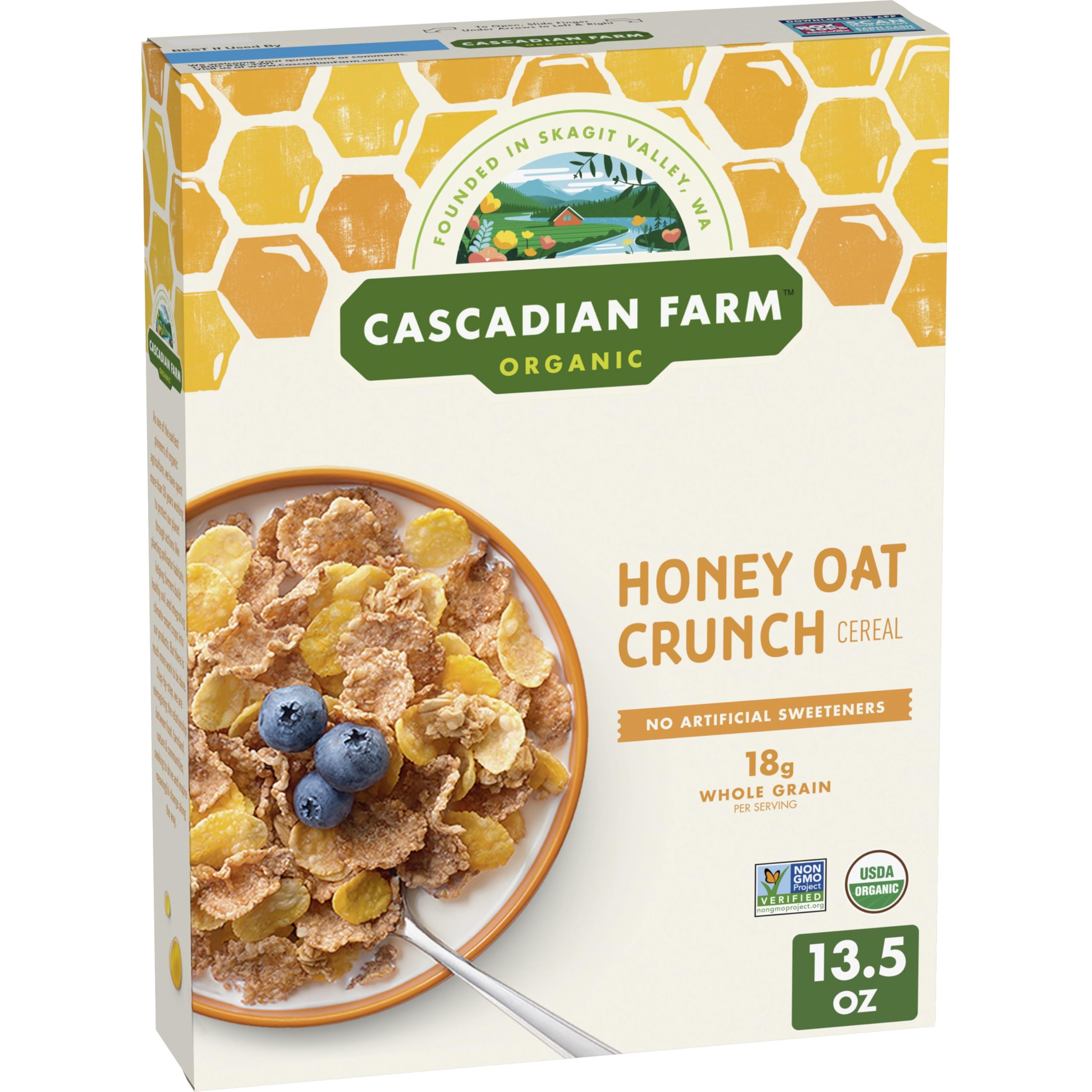 Cascadian Farm Honey Oat Crunch cereal package front with organic label for a wholesome breakfast.