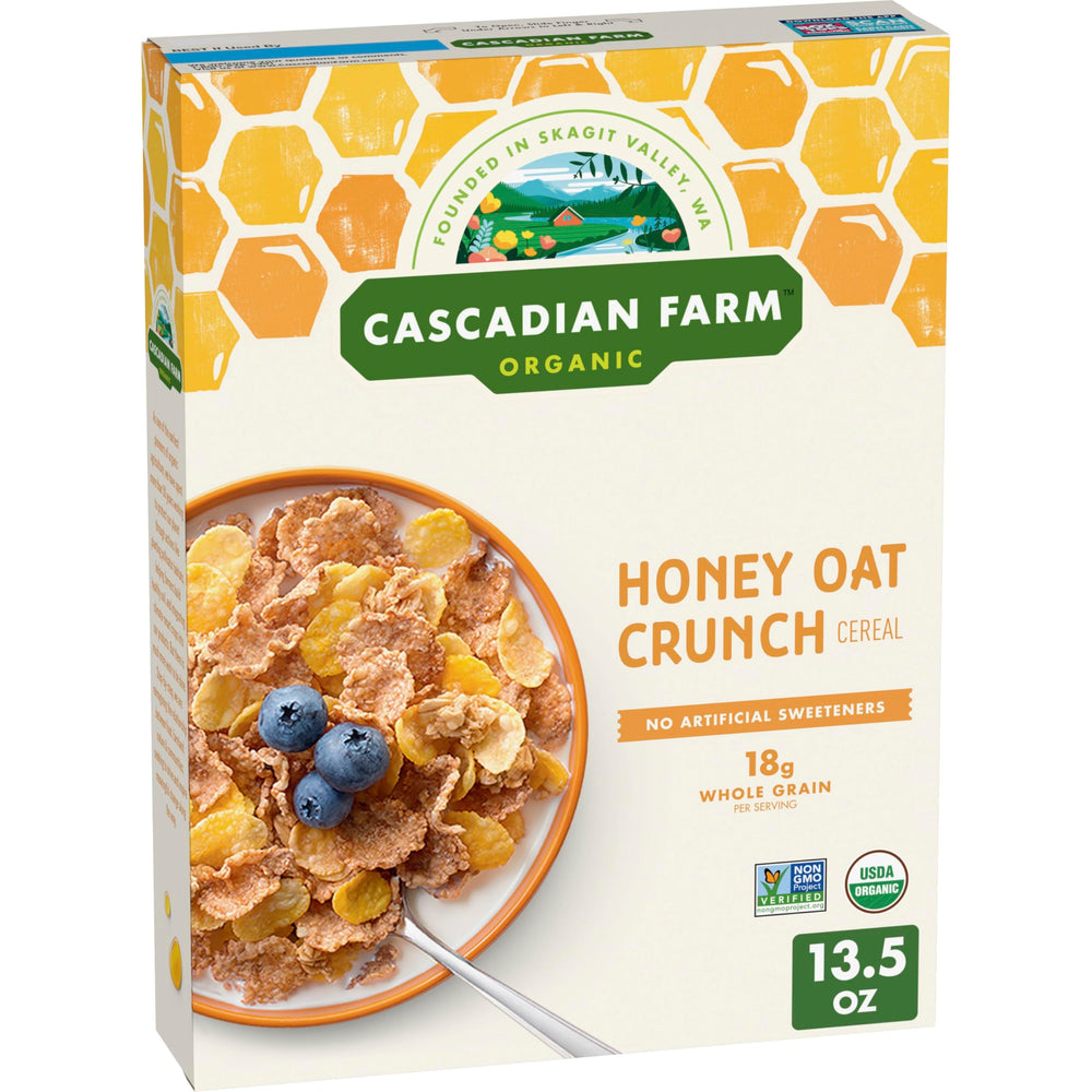 Cascadian Farm Honey Oat Crunch cereal package front with organic label for a wholesome breakfast.