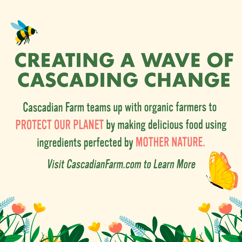 Cascadian Farm cereal box shows 19g whole grains per serving.