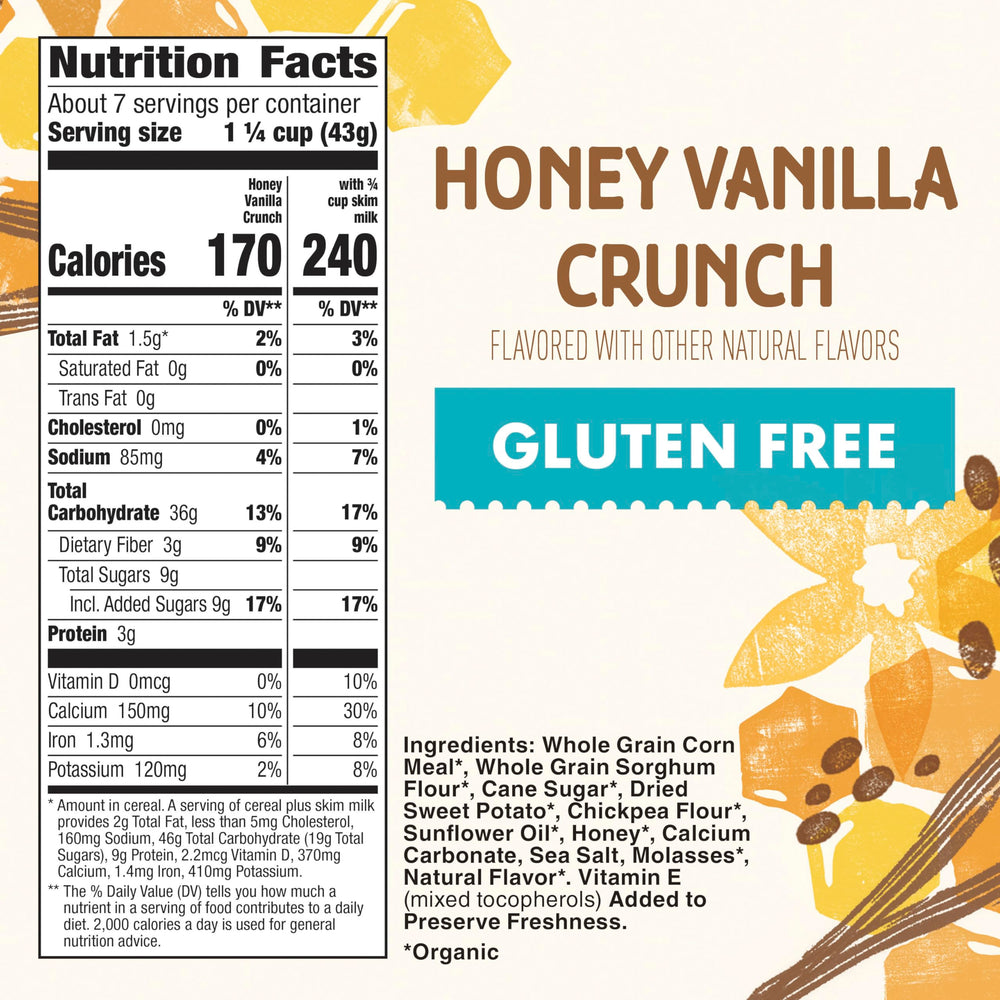 Cascadian Farm Honey Vanilla Crunch in a bowl with milk, ready for a crunchy morning.