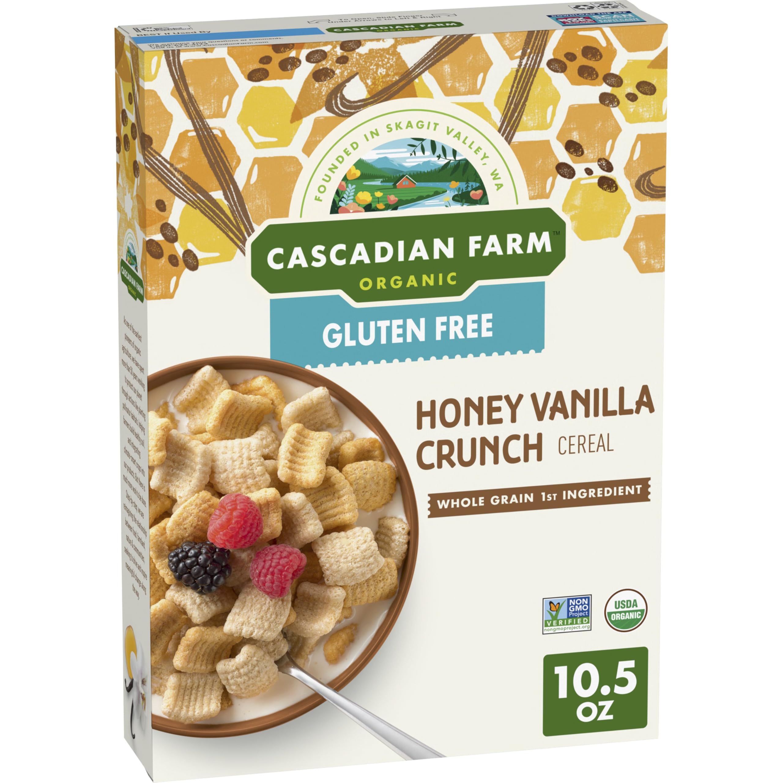 Cascadian Farm Honey Vanilla Crunch cereal box, organic and gluten-free option for a wholesome breakfast.