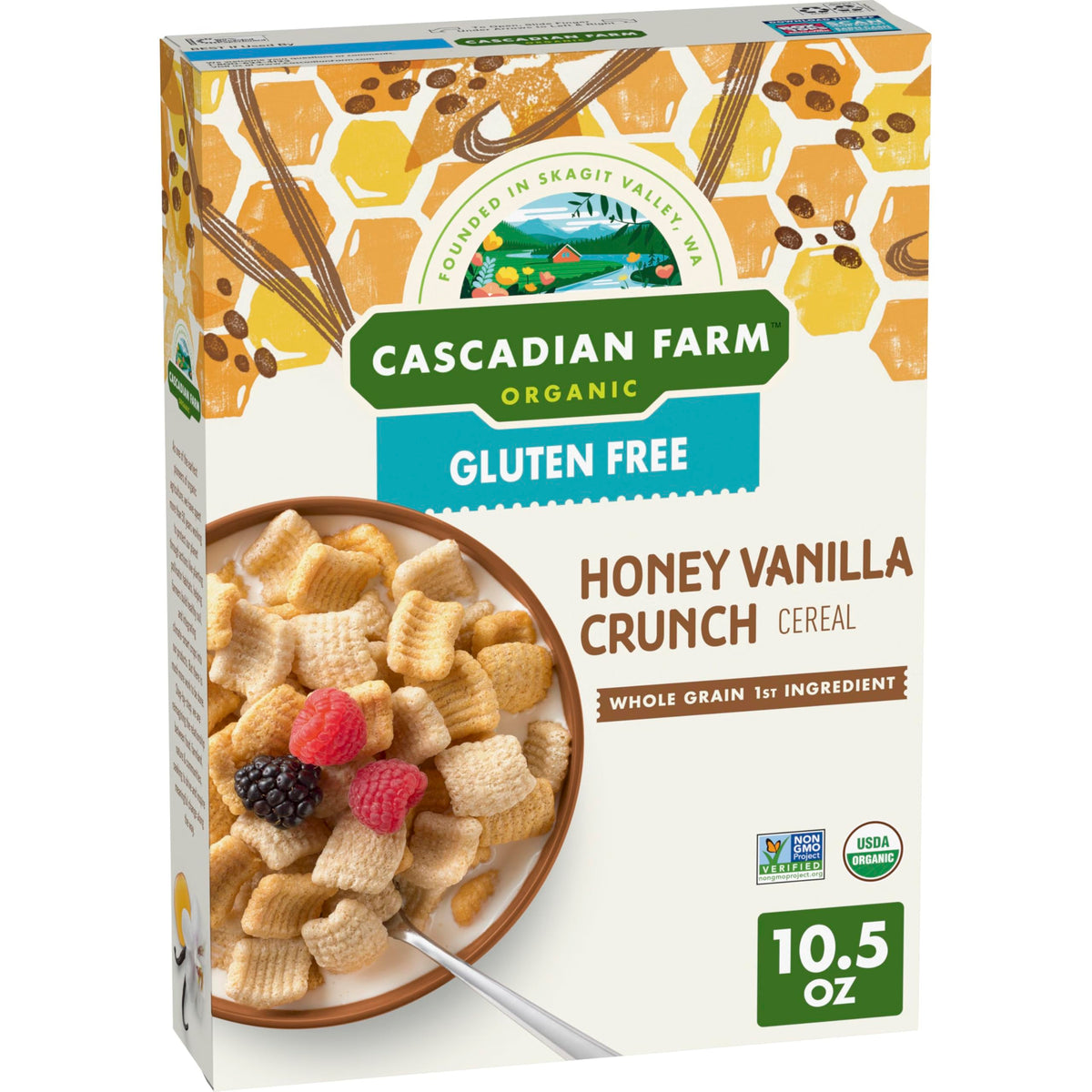 Cascadian Farm Honey Vanilla Crunch cereal box, organic and gluten-free option for a wholesome breakfast.
