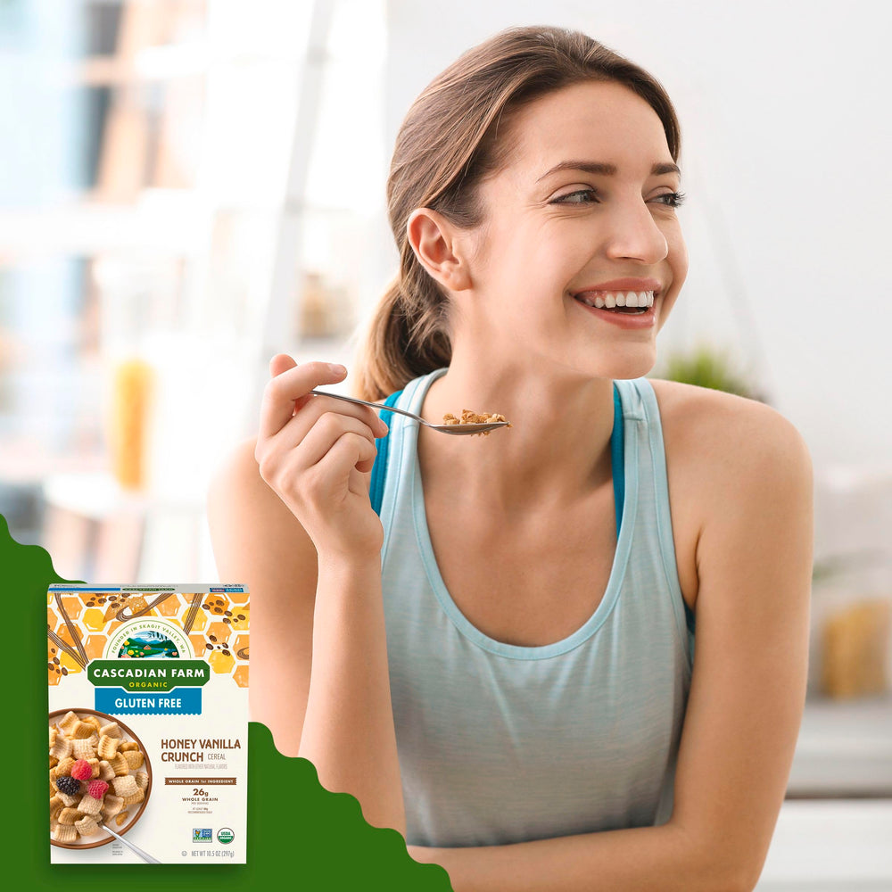 Side view of Cascadian Farm packaging highlighting organic certification.