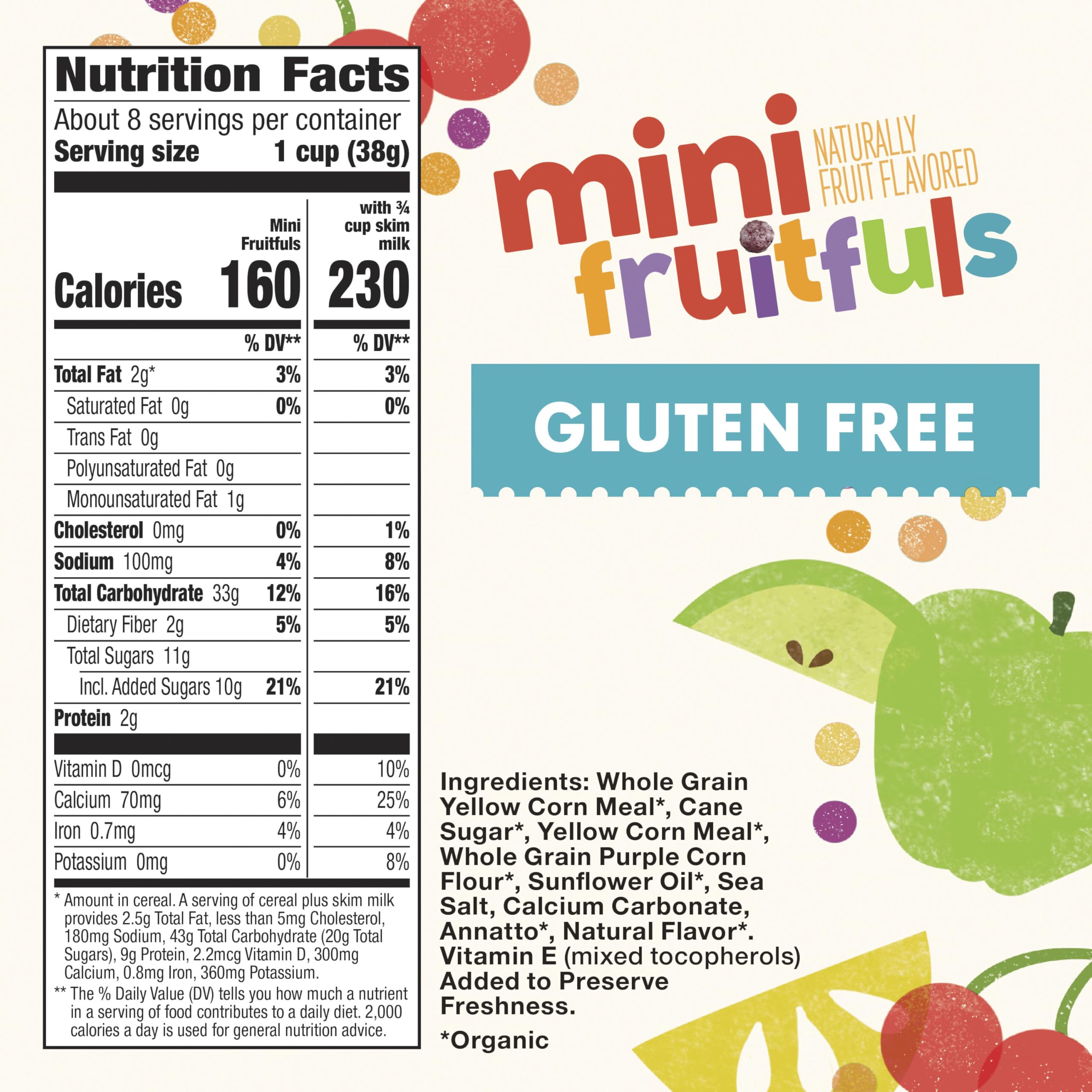 Close-up of Cascadian Farm Mini Fruitfuls puff cereal showing natural fruit flavor