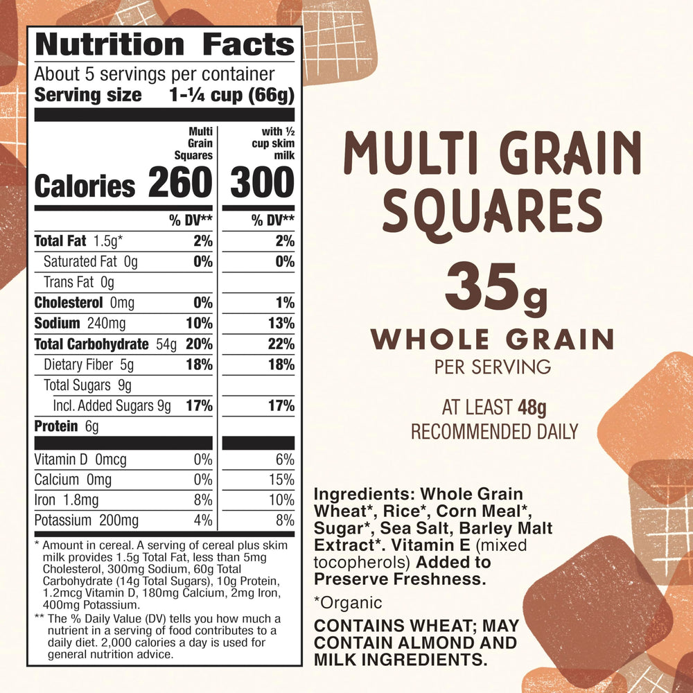 Cascadian Farm Multi Grain Squares cereal bowl with milk—crunchy whole grain start.