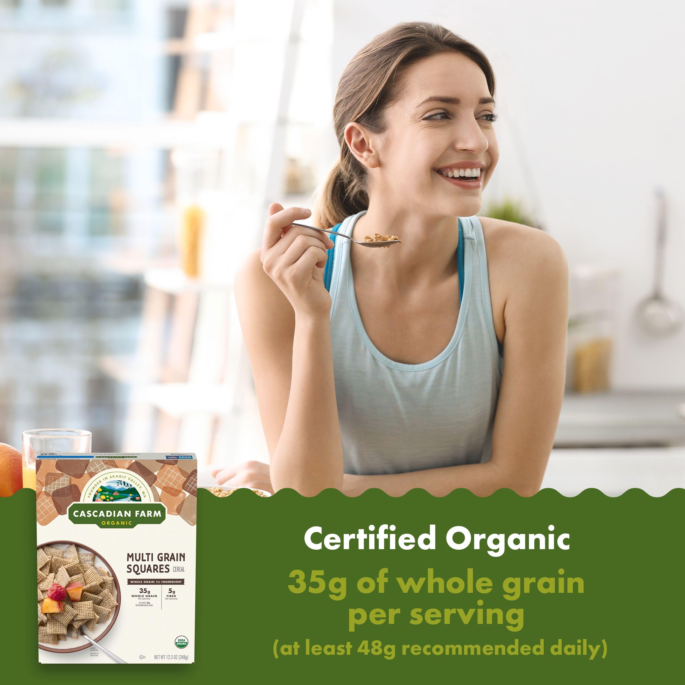 Cascadian Farm Multi Grain Squares cereal ingredients—whole wheat, rice, and corn blend.