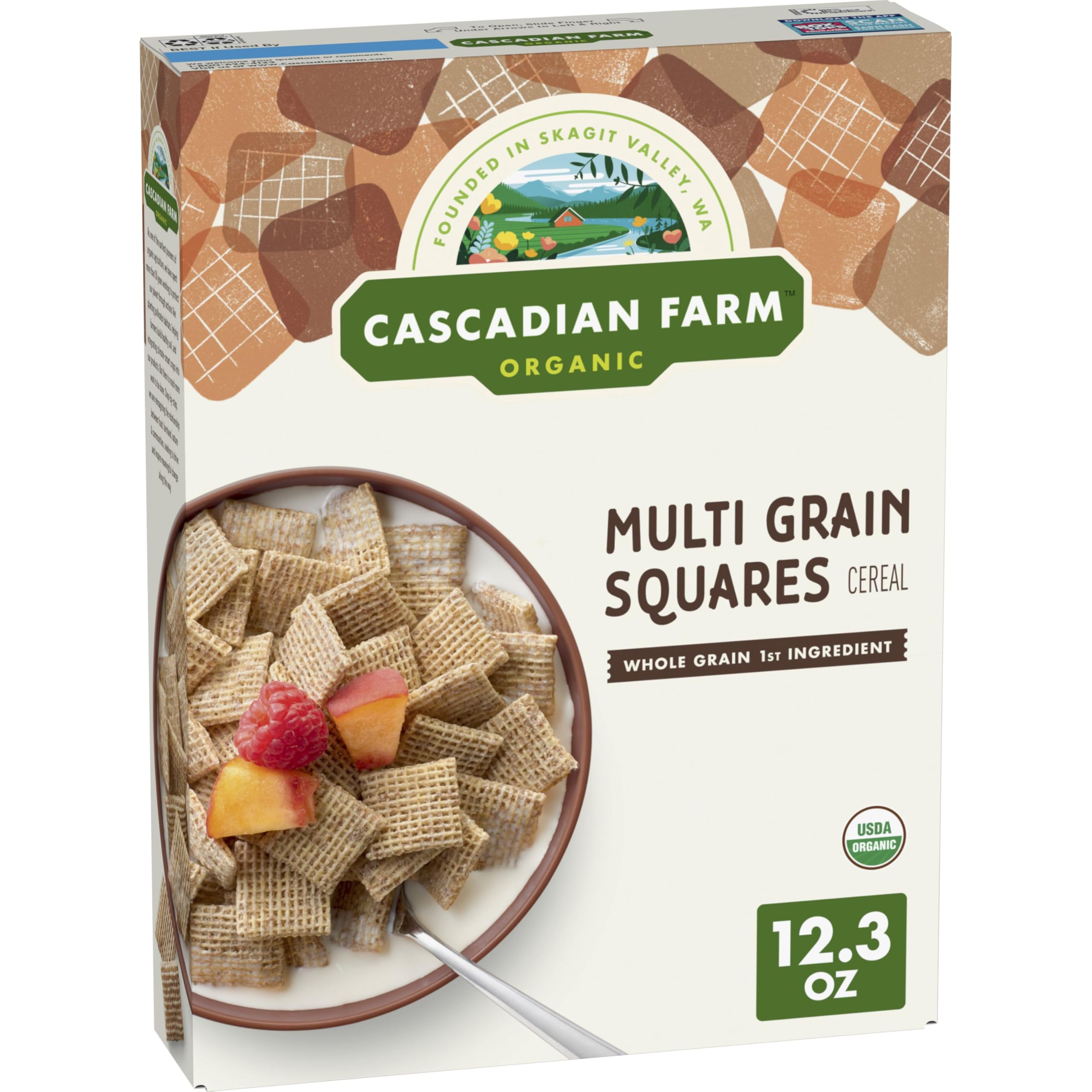 Cascadian Farm Multi Grain Squares cereal pack—quick organic breakfast option.