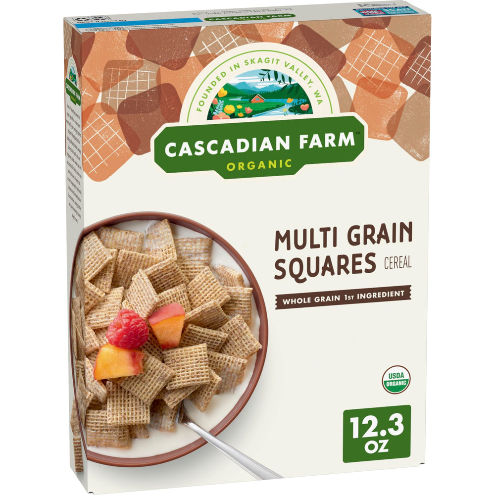 Cascadian Farm Multi Grain Squares cereal pack—quick organic breakfast option.