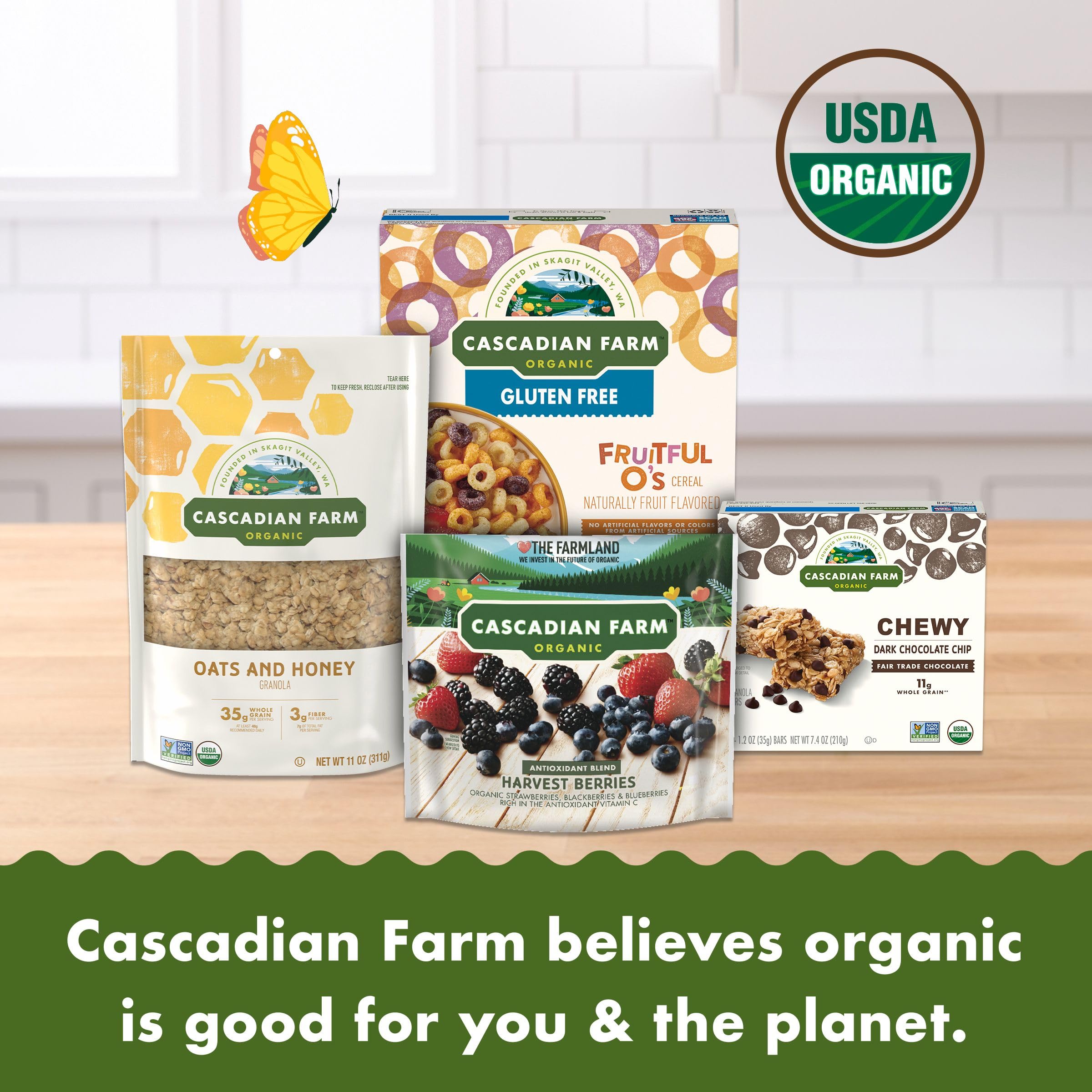 Cascadian Farm Multi Grain Squares cereal—snack-ready for on-the-go.