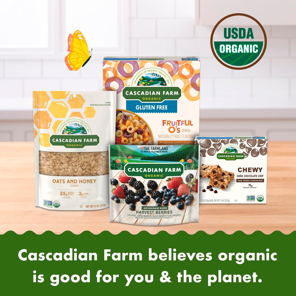 Cascadian Farm Multi Grain Squares cereal—snack-ready for on-the-go.