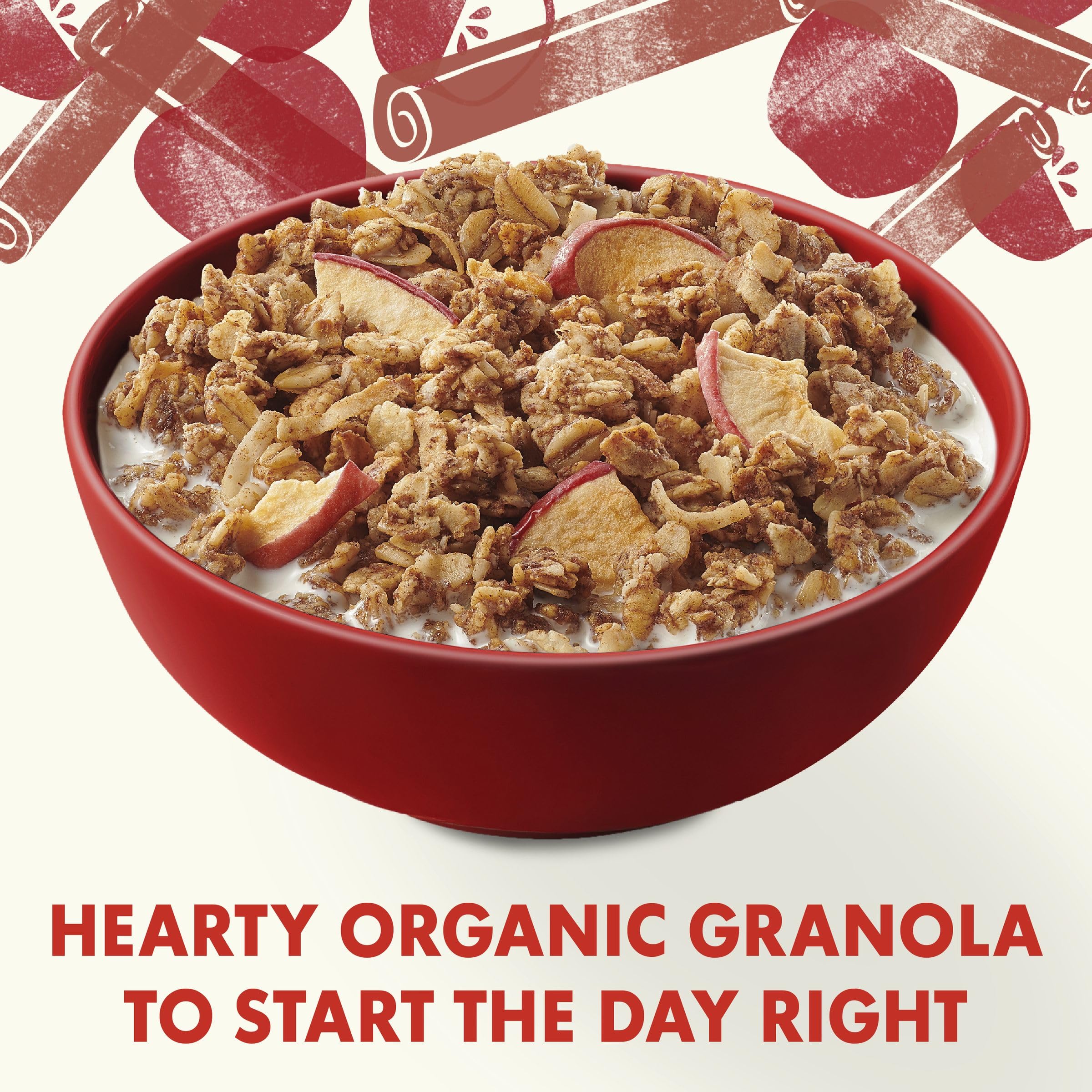 Cascadian Farm Cinnamon Apple Granola bowl with milk highlighting wholesome whole grains