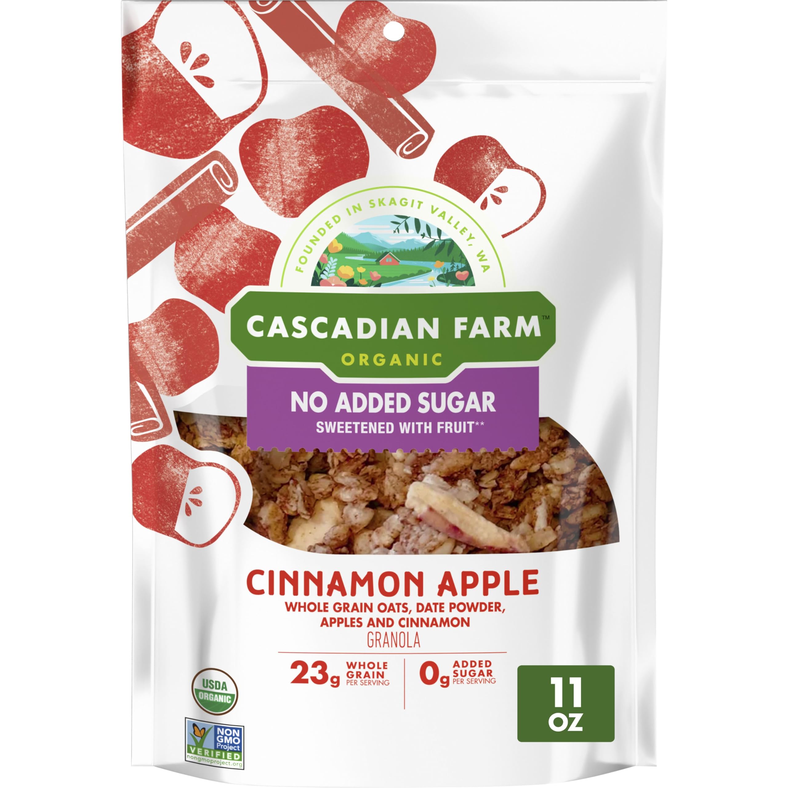 Cascadian Farm No Added Sugar Cinnamon Apple Granola pack with resealable pouch for easy snacking