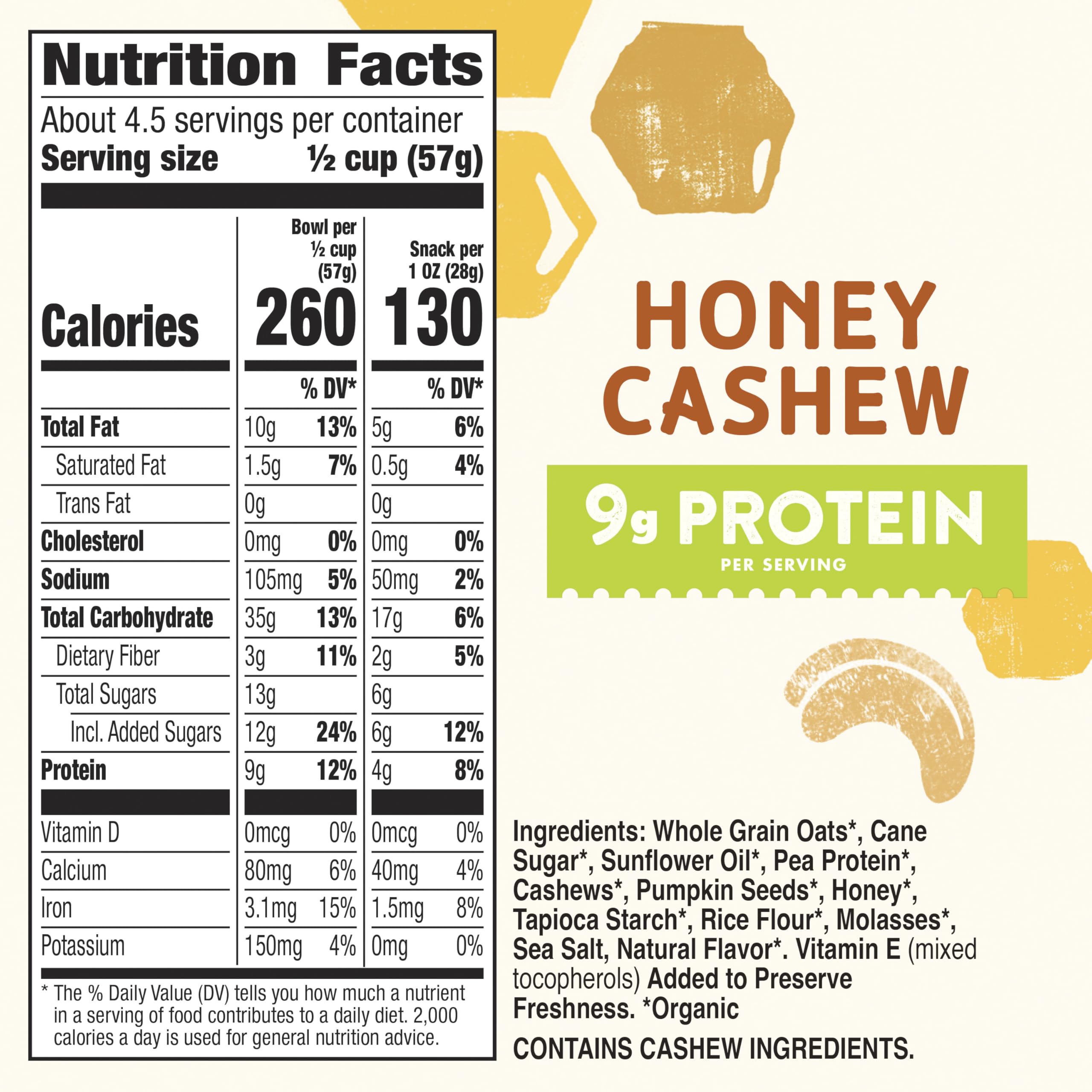 Cascadian Farm Organic Honey Cashew Granola ingredients with oats and nuts for a wholesome crunch
