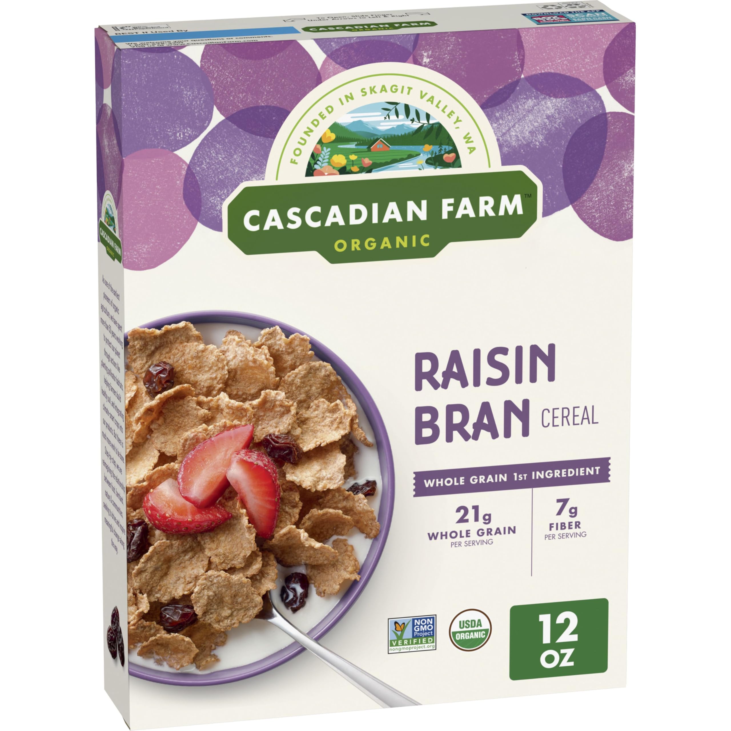 Cascadian Farm Organic Raisin Bran cereal bowl with milk for a hearty breakfast