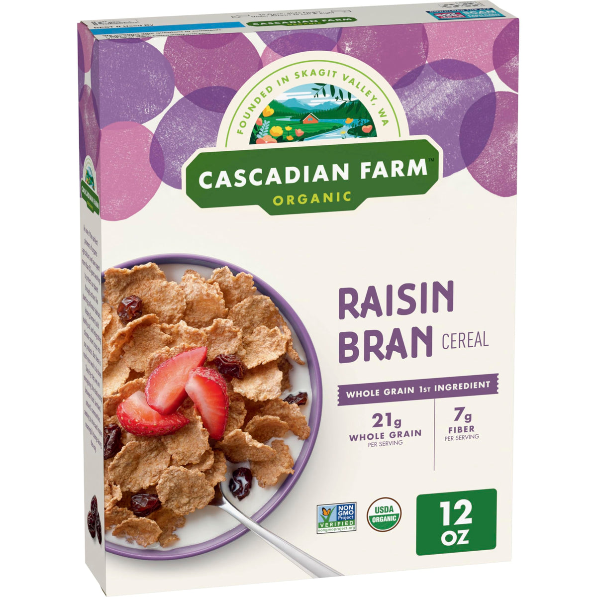 Cascadian Farm Organic Raisin Bran cereal bowl with milk for a hearty breakfast