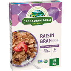 Cascadian Farm Organic Raisin Bran cereal bowl with milk for a hearty breakfast